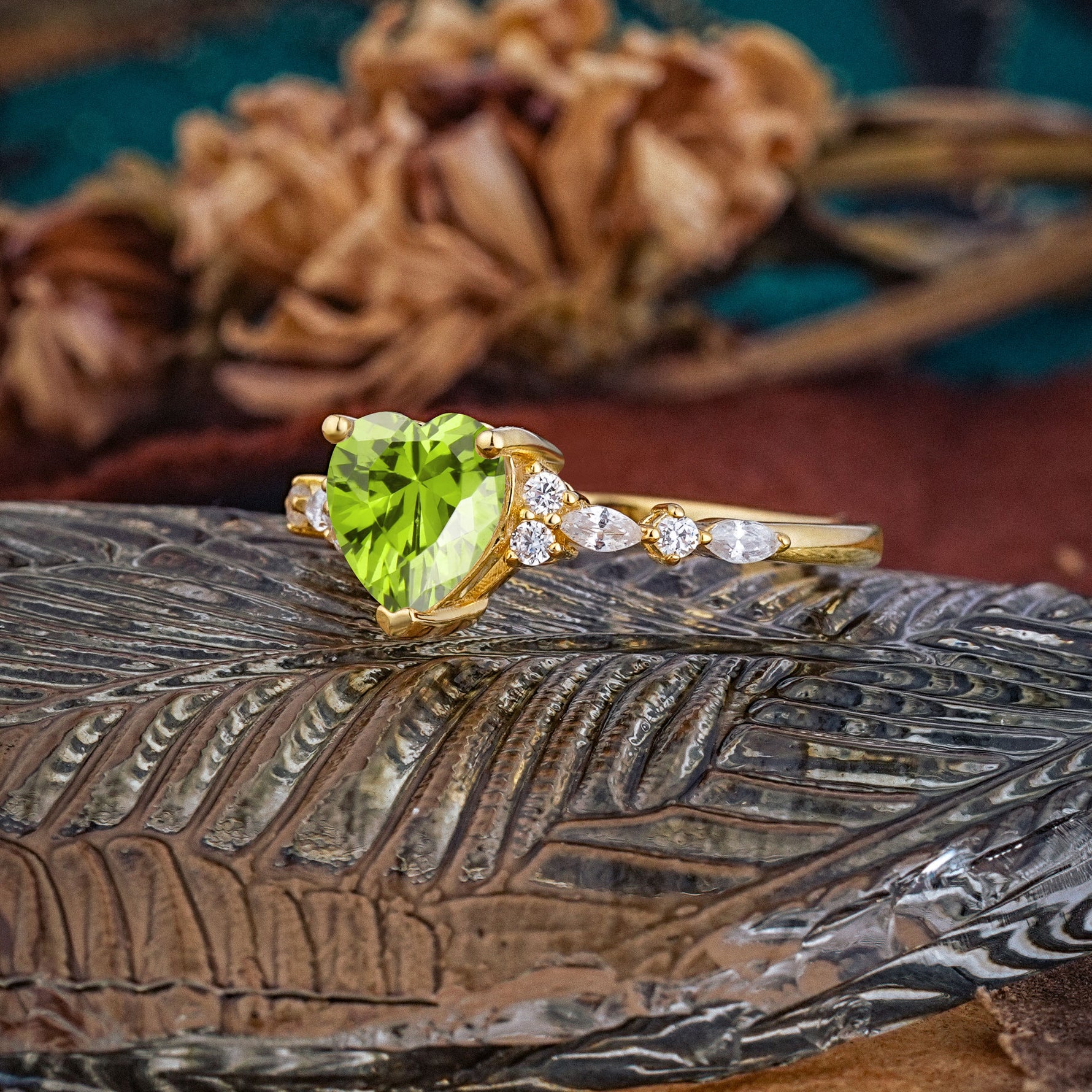 Heart Cut Peridot Vintage Pave Shank Engagement Ring - Additional view