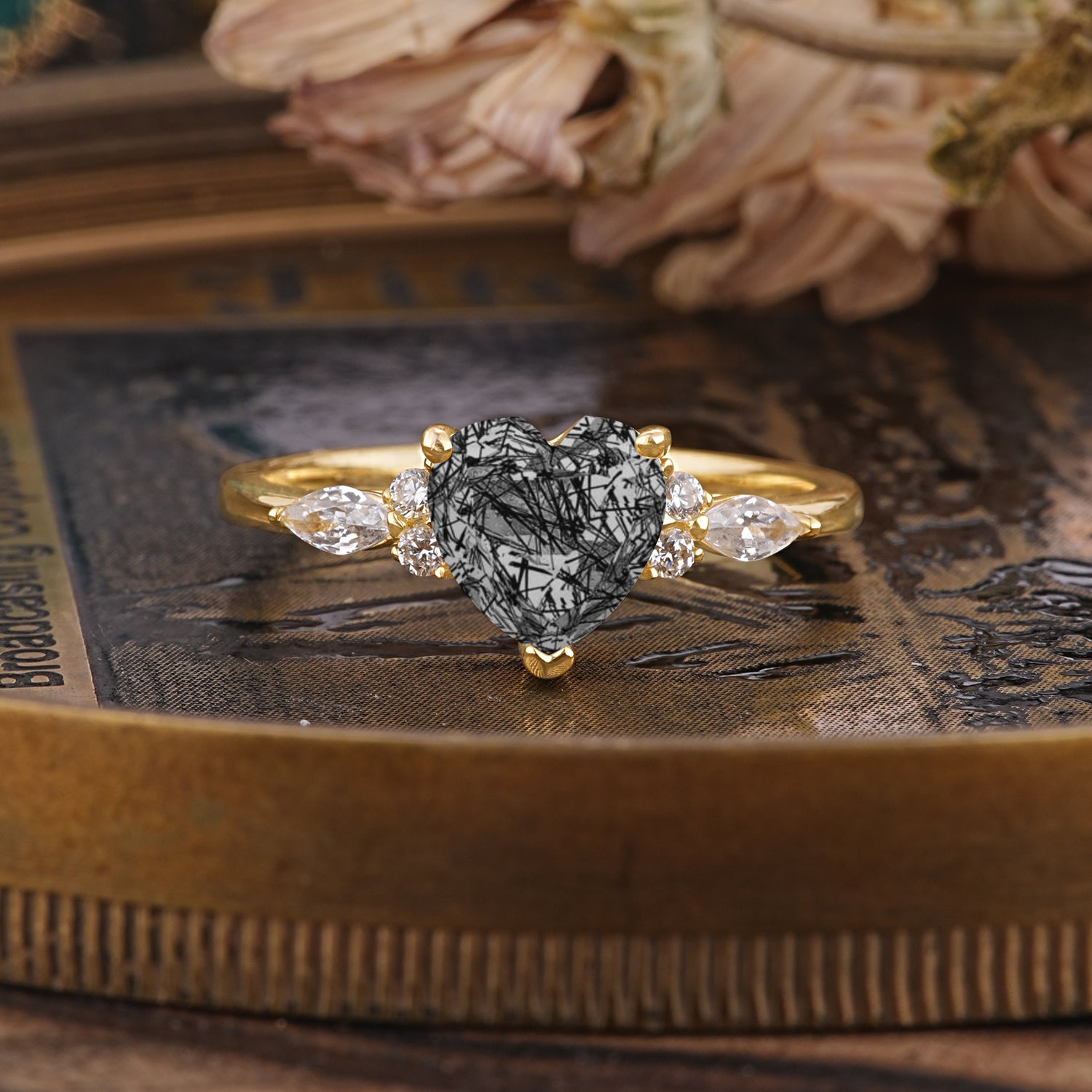 SR17025 Black Rutilated Quartz Ring - Yellow-Gold