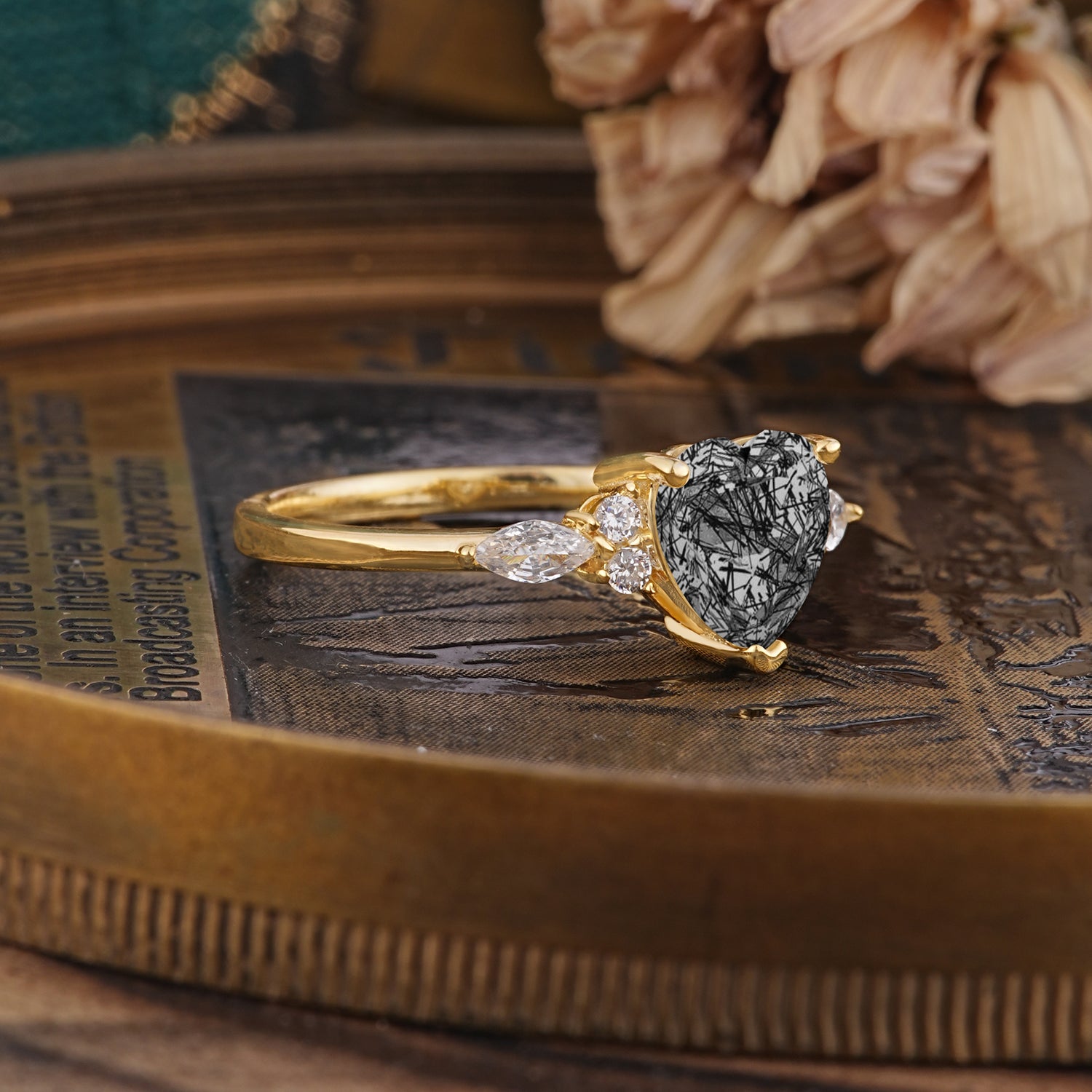 SR17025 Black Rutilated Quartz Ring - Rose-Gold