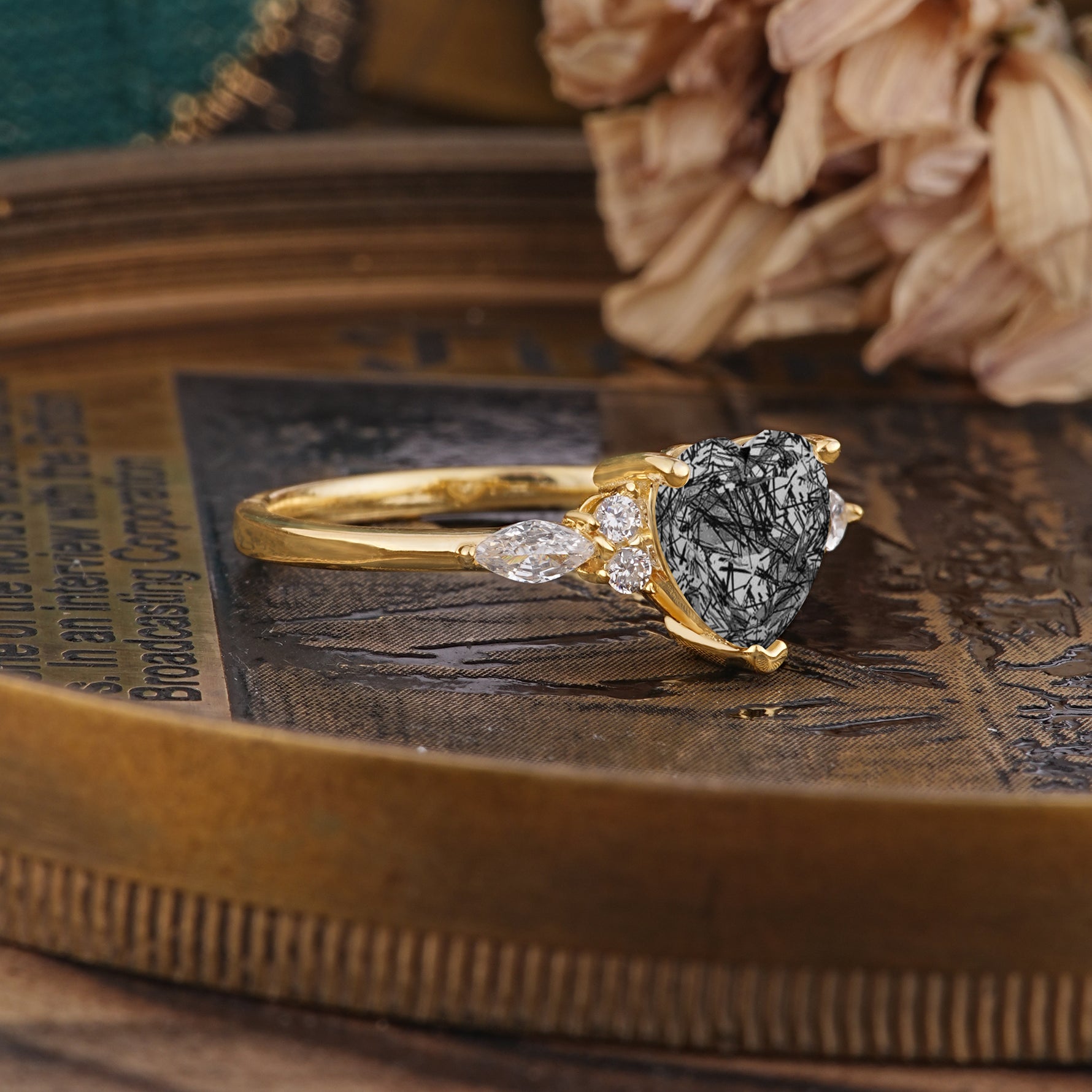 SR17025 Black Rutilated Quartz Ring - Rose-Gold