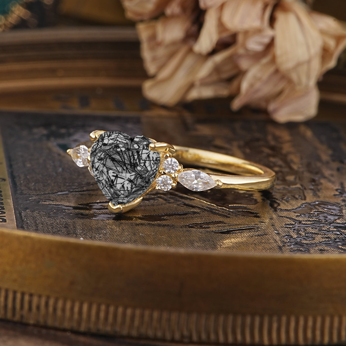 SR17025 Black Rutilated Quartz Ring - White-Gold
