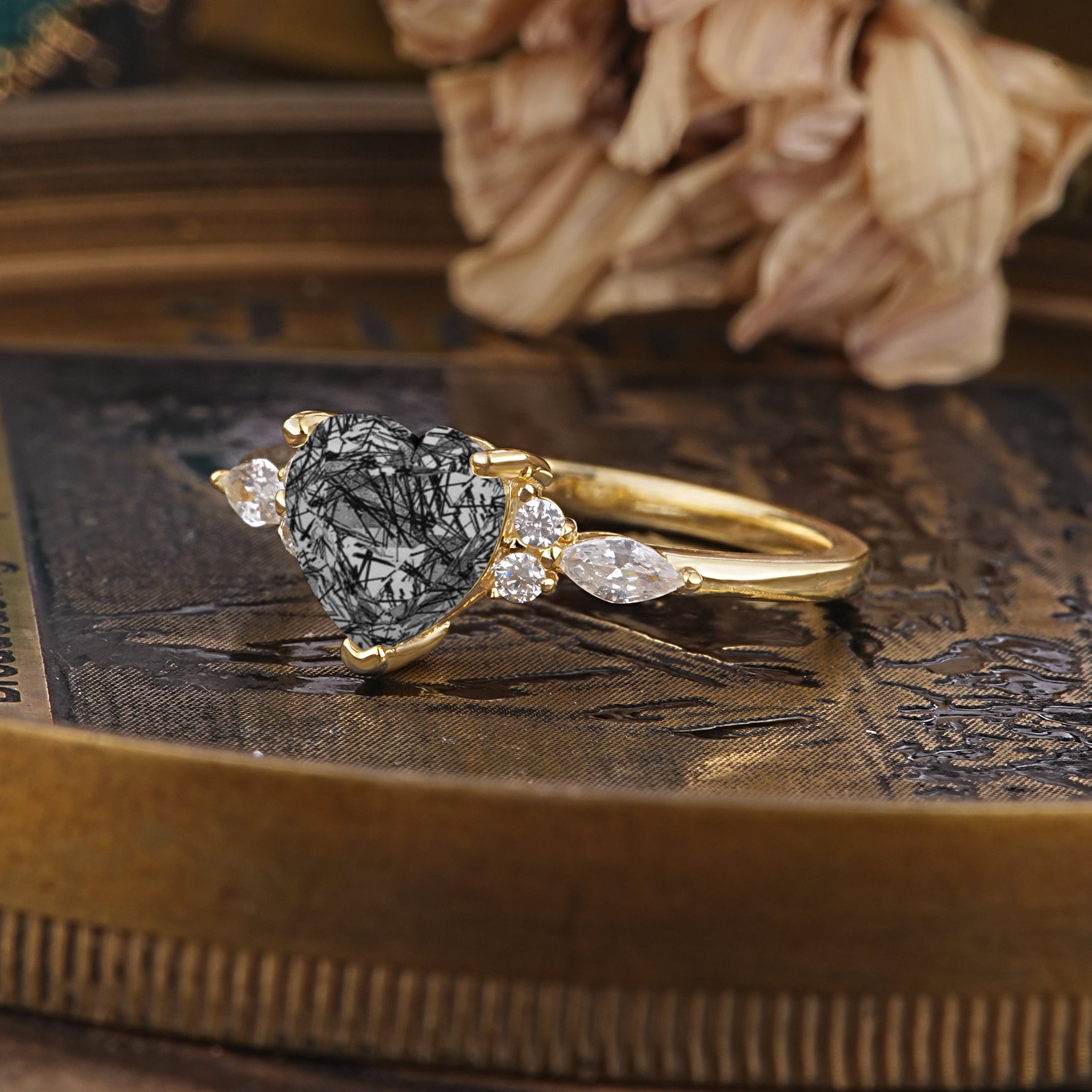 SR17025 Black Rutilated Quartz Ring - White-Gold