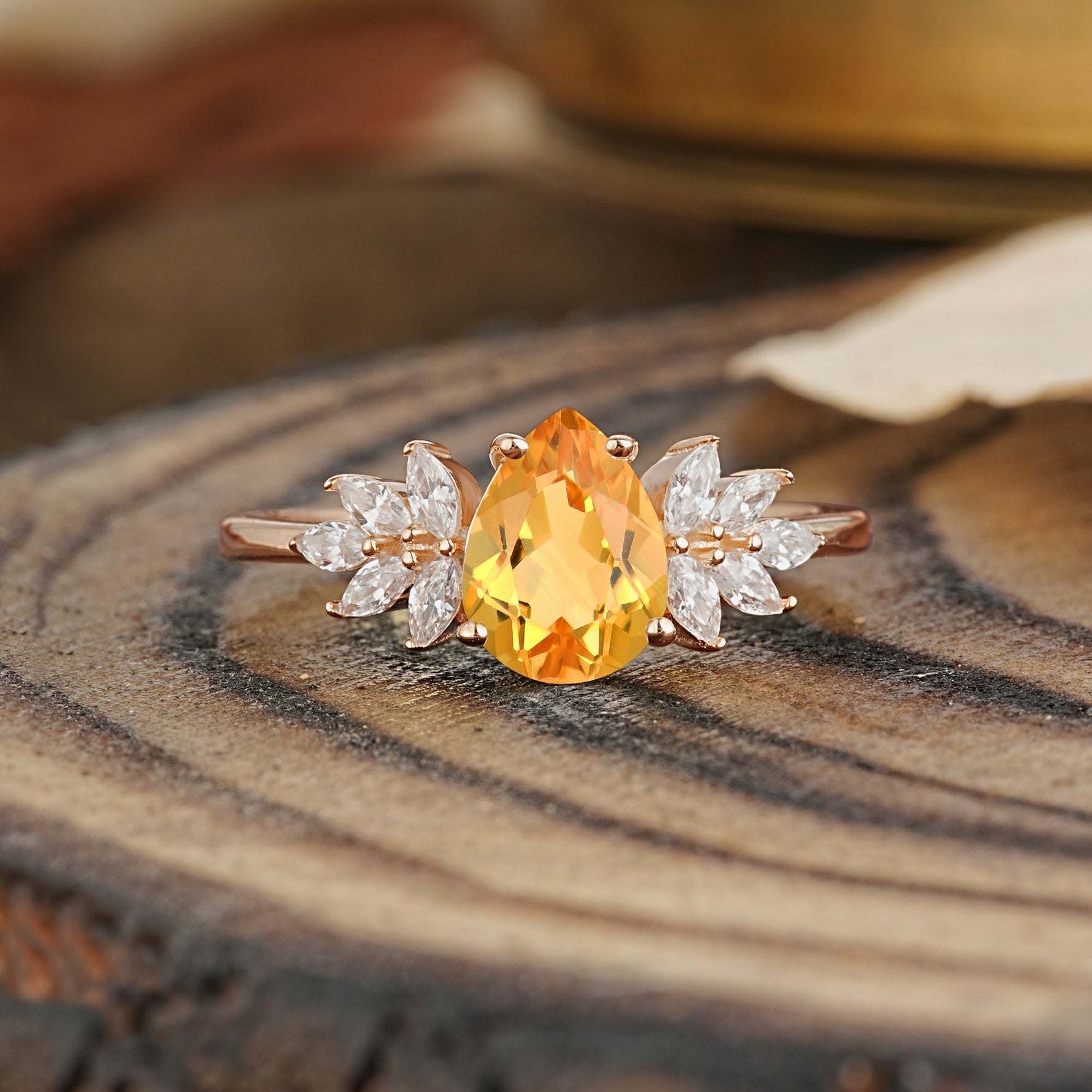 Vintage Floral Pear Cut Citrine Engagement Ring - Romalar Jewelry