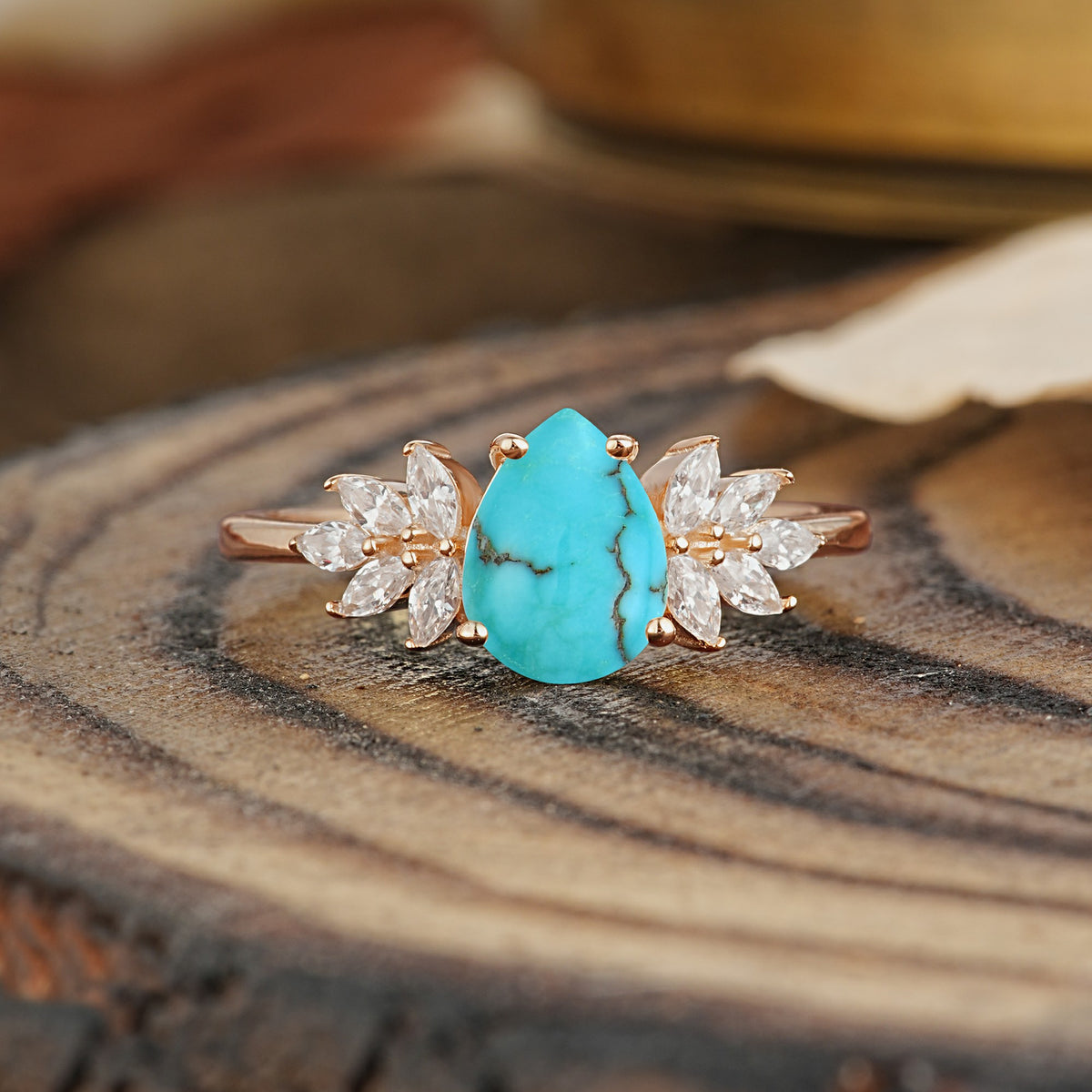 Vintage Floral Pear Cut Turquoise Engagement Ring - Additional view