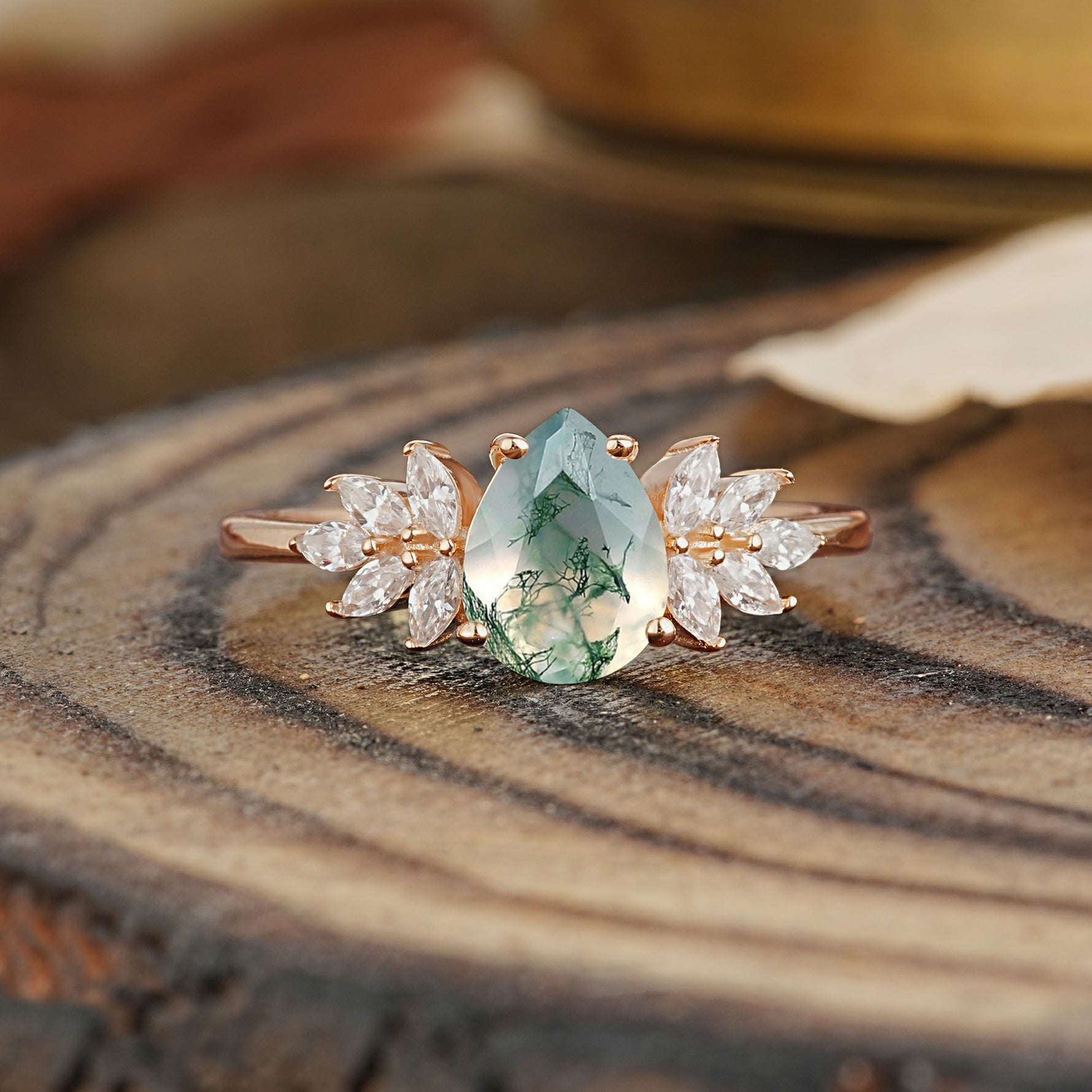 Vintage Floral Pear Cut Moss Agate Engagement Ring - Additional view