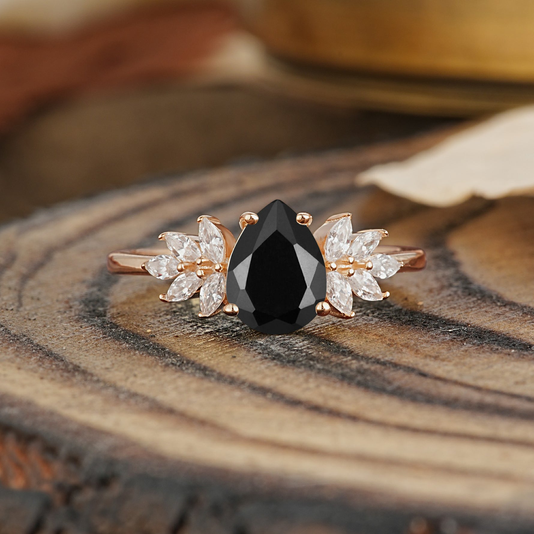 Vintage Floral Pear Cut Black Onyx Engagement Ring - Additional view
