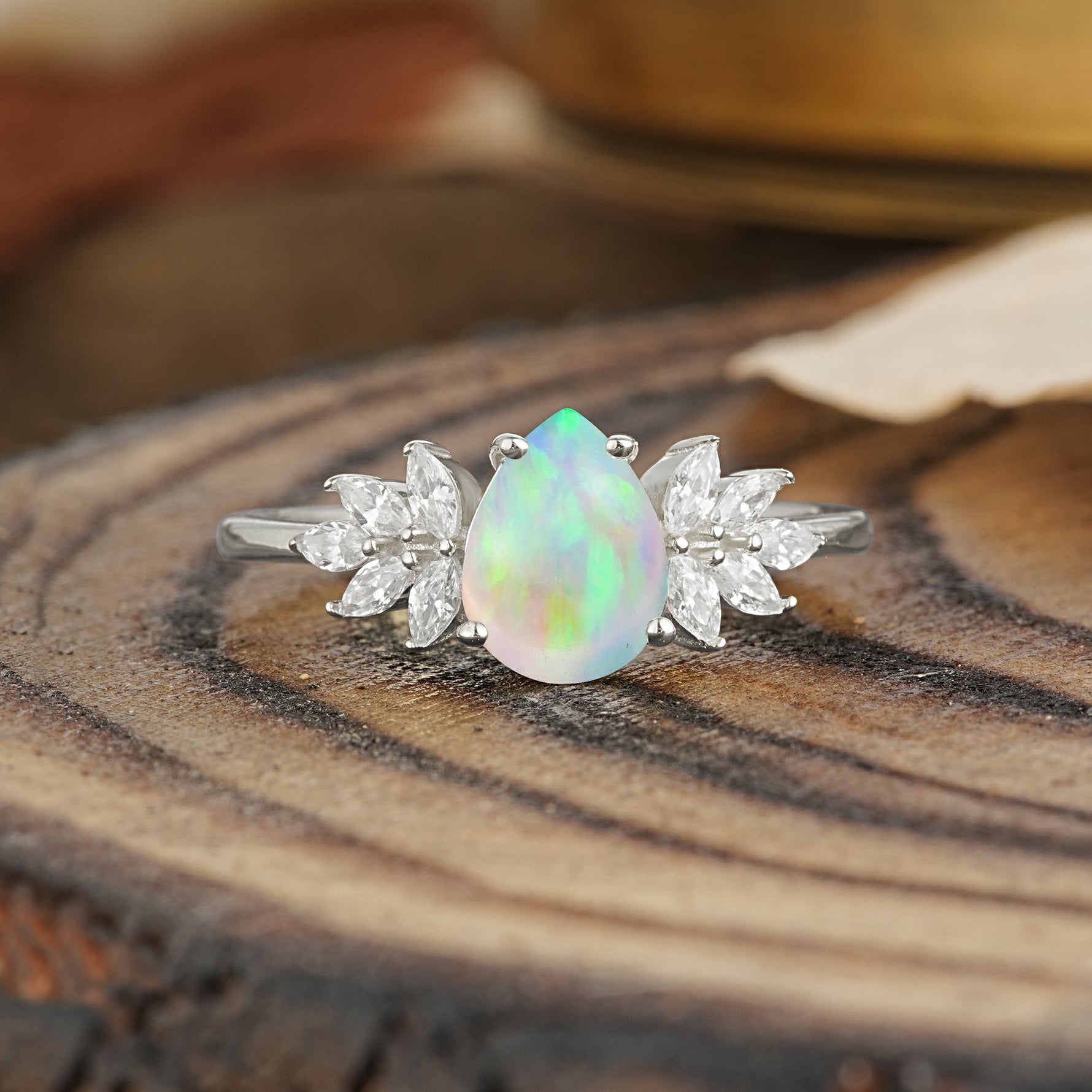 Vintage Floral Pear Cut Fire Opal Engagement Ring - Additional view