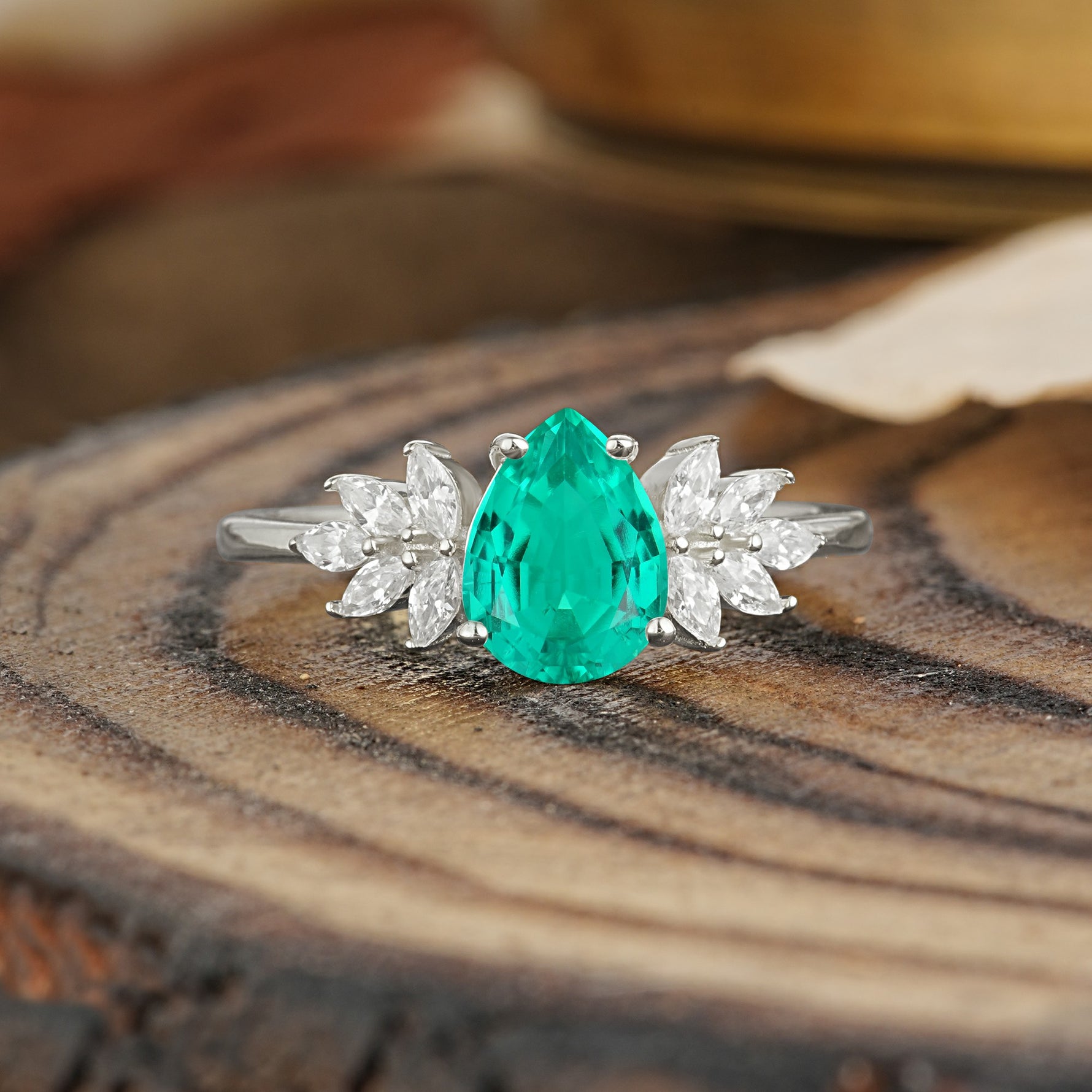 Vintage Floral Pear Cut Emerald Engagement Ring - Additional view