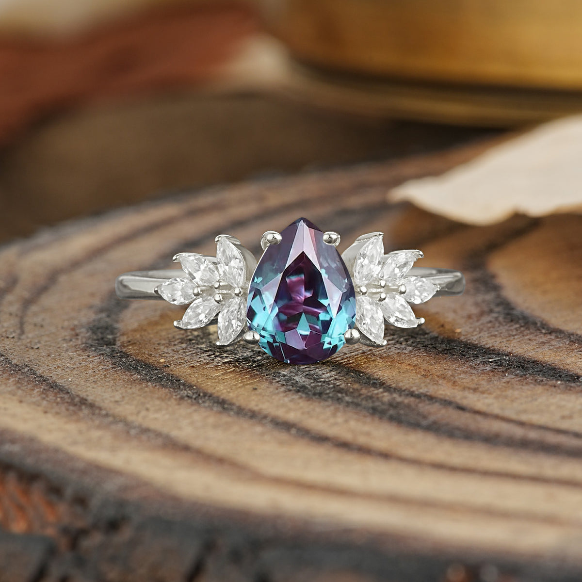 Vintage Floral Pear Cut Alexandrite Engagement Ring - Additional view