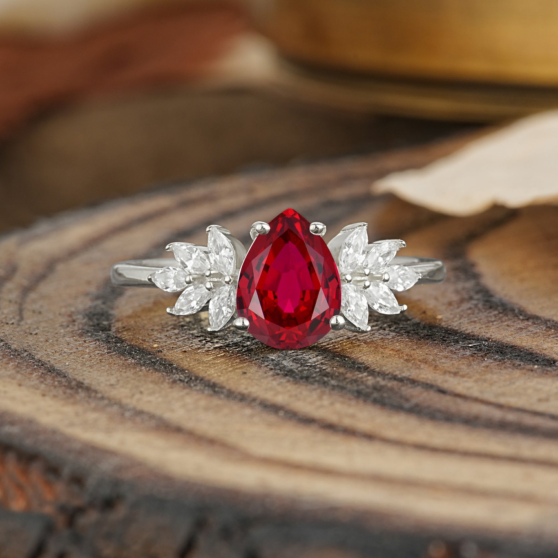 Vintage Floral Pear Cut Ruby Engagement Ring - Additional view