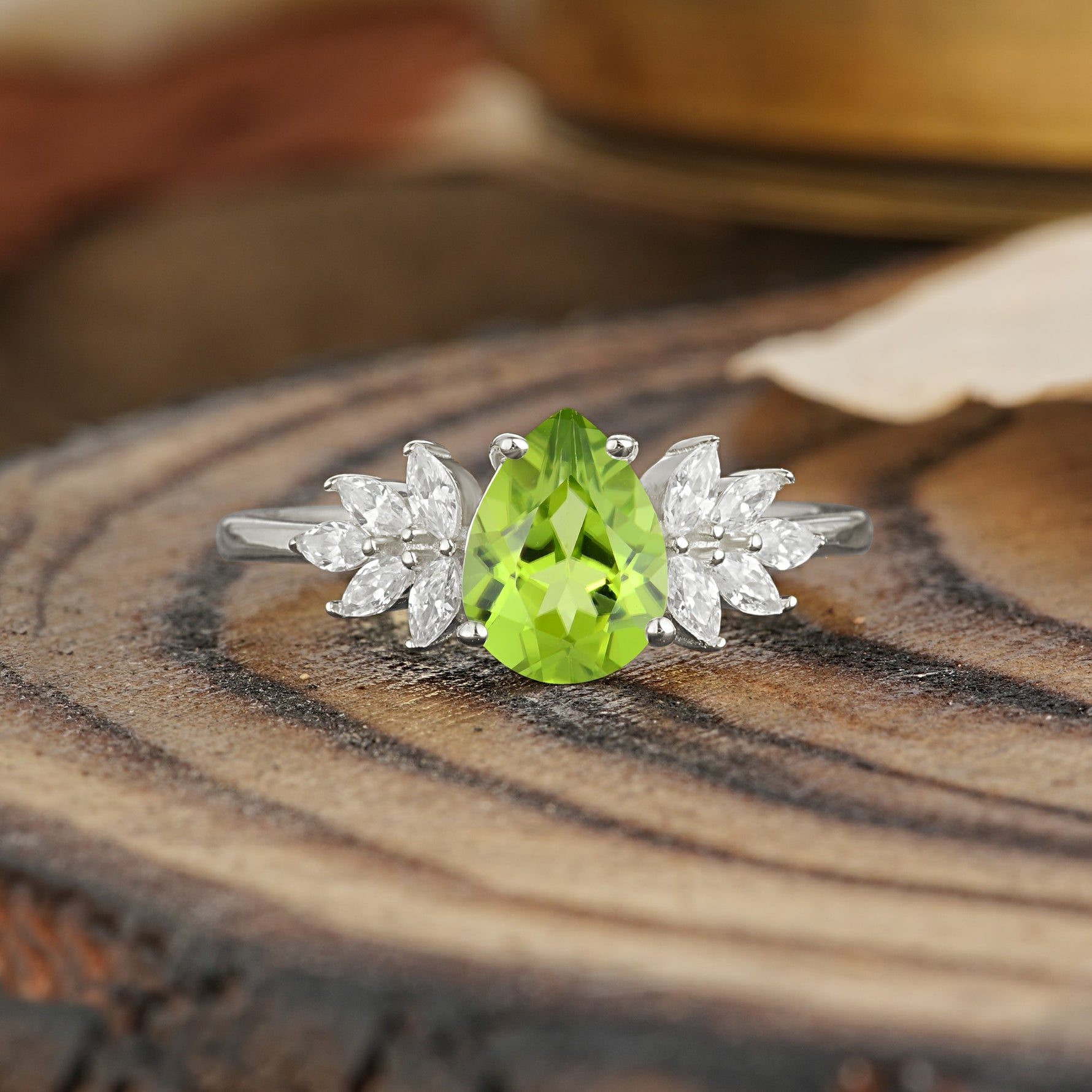 Vintage Floral Pear Cut Peridot Engagement Ring - Additional view
