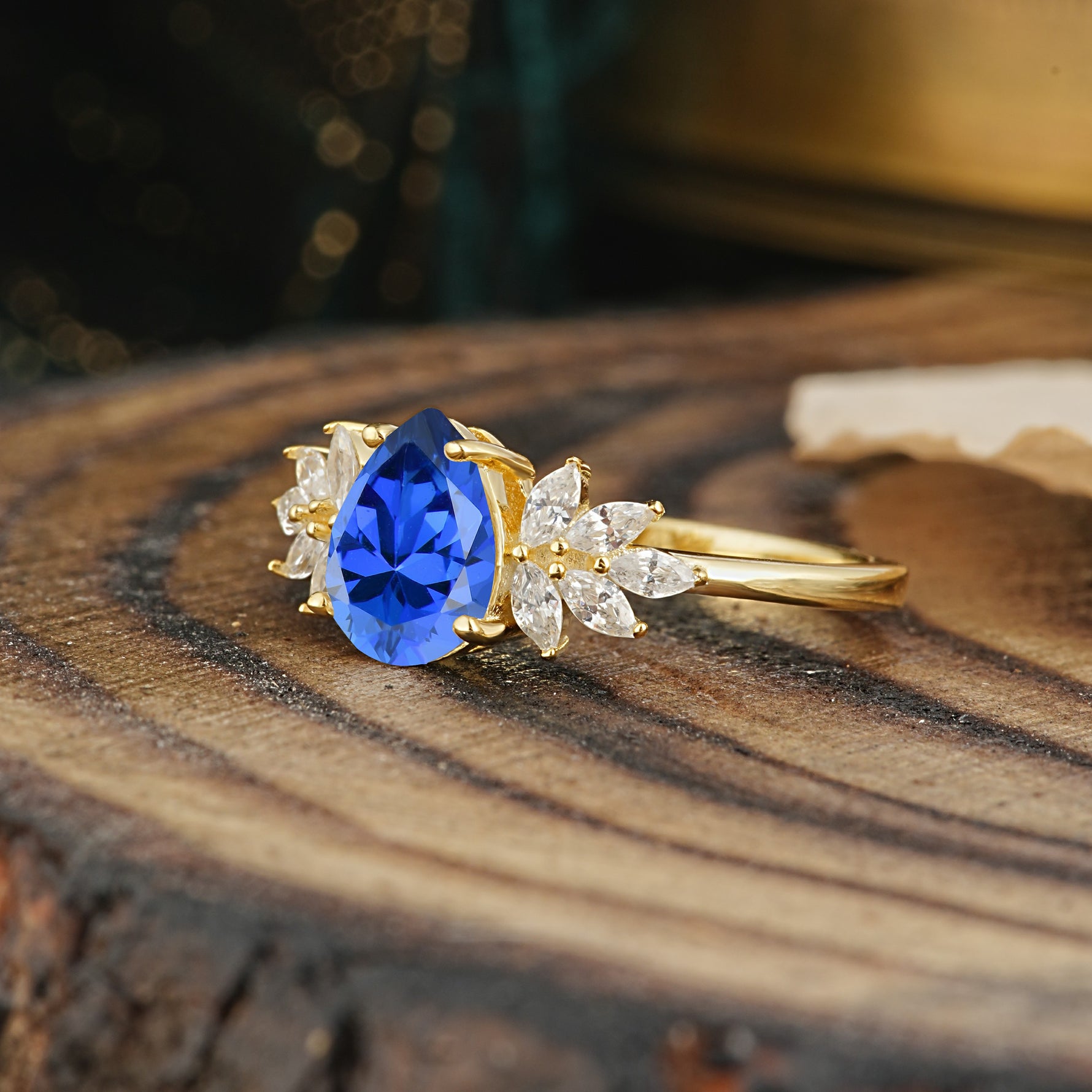 Vintage Floral Pear Cut Sapphire Engagement Ring - Additional view