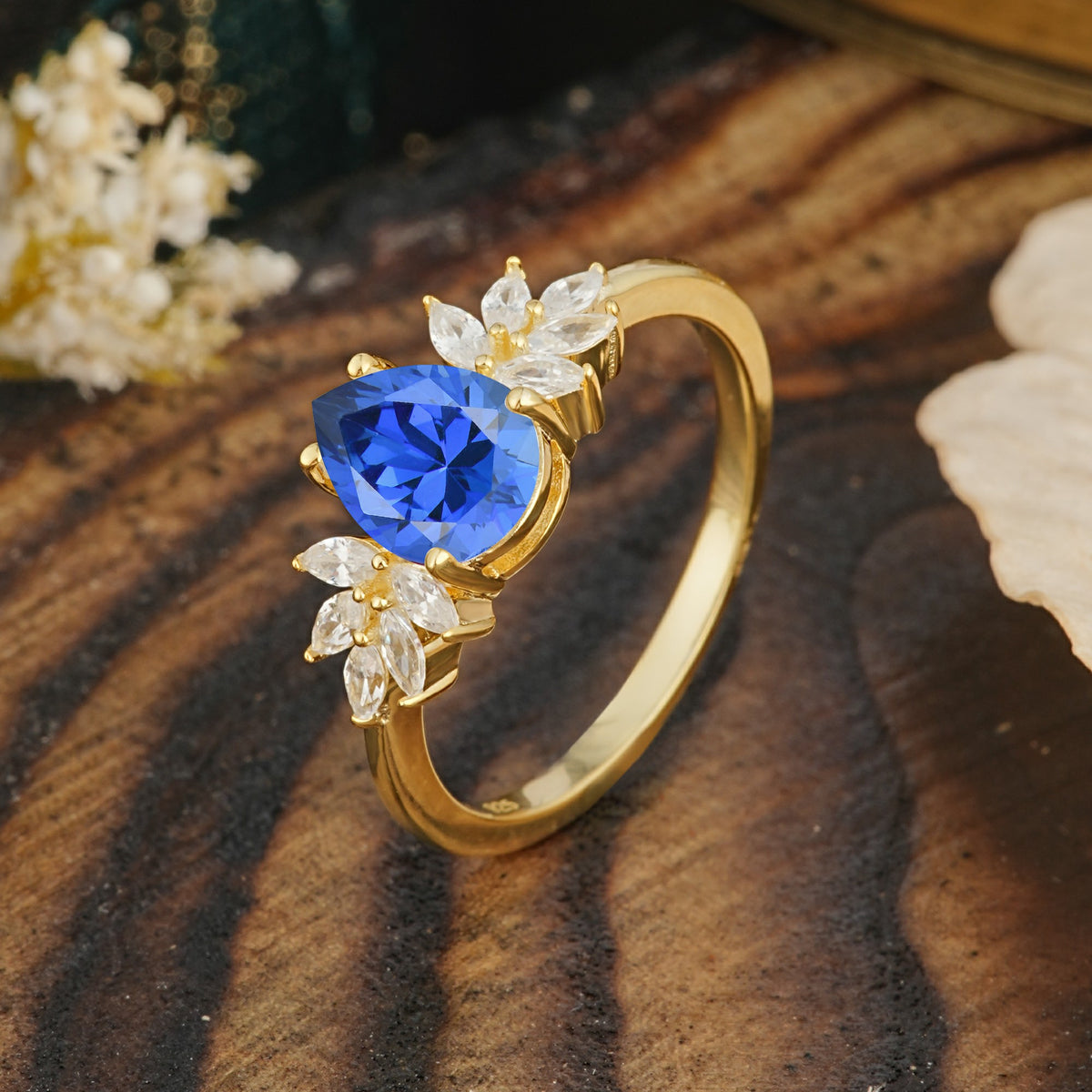 Vintage Floral Pear Cut Sapphire Engagement Ring - Additional view
