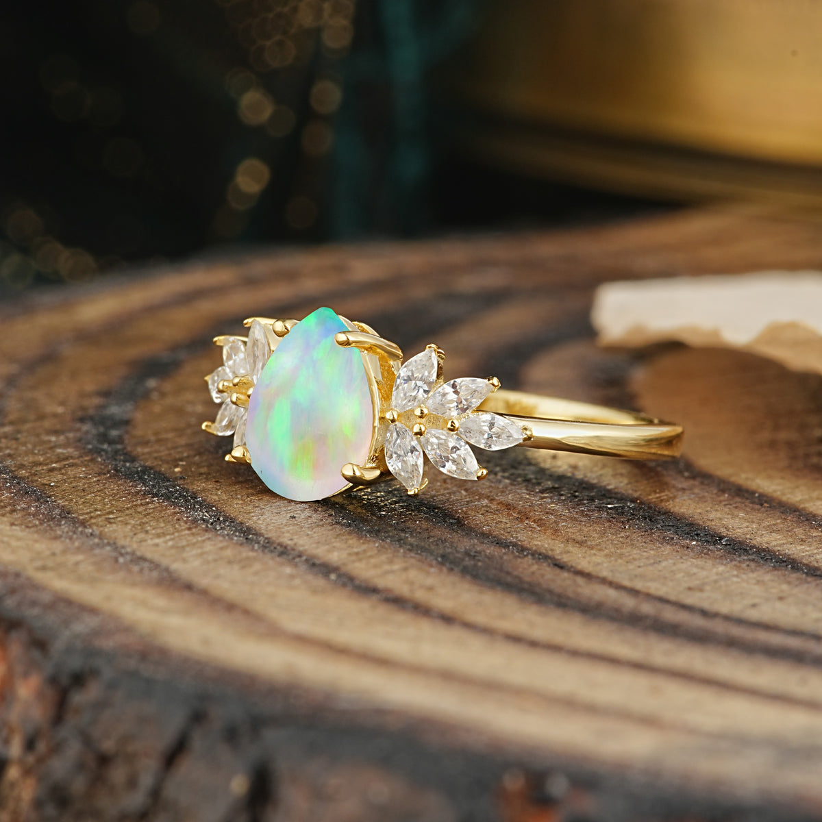 Vintage Floral Pear Cut Fire Opal Engagement Ring - Additional view