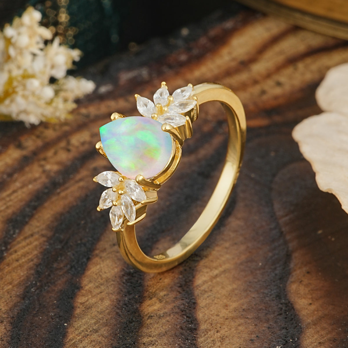 Vintage Floral Pear Cut Fire Opal Engagement Ring - Additional view