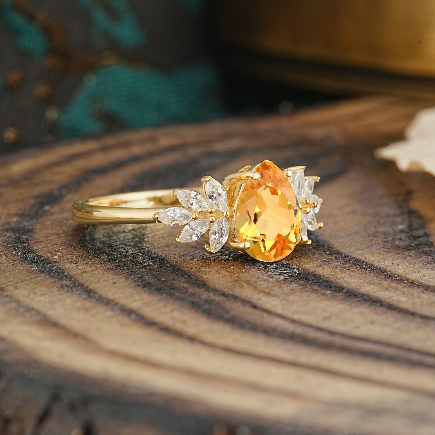 Vintage Floral Pear Cut Citrine Engagement Ring - Romalar Jewelry