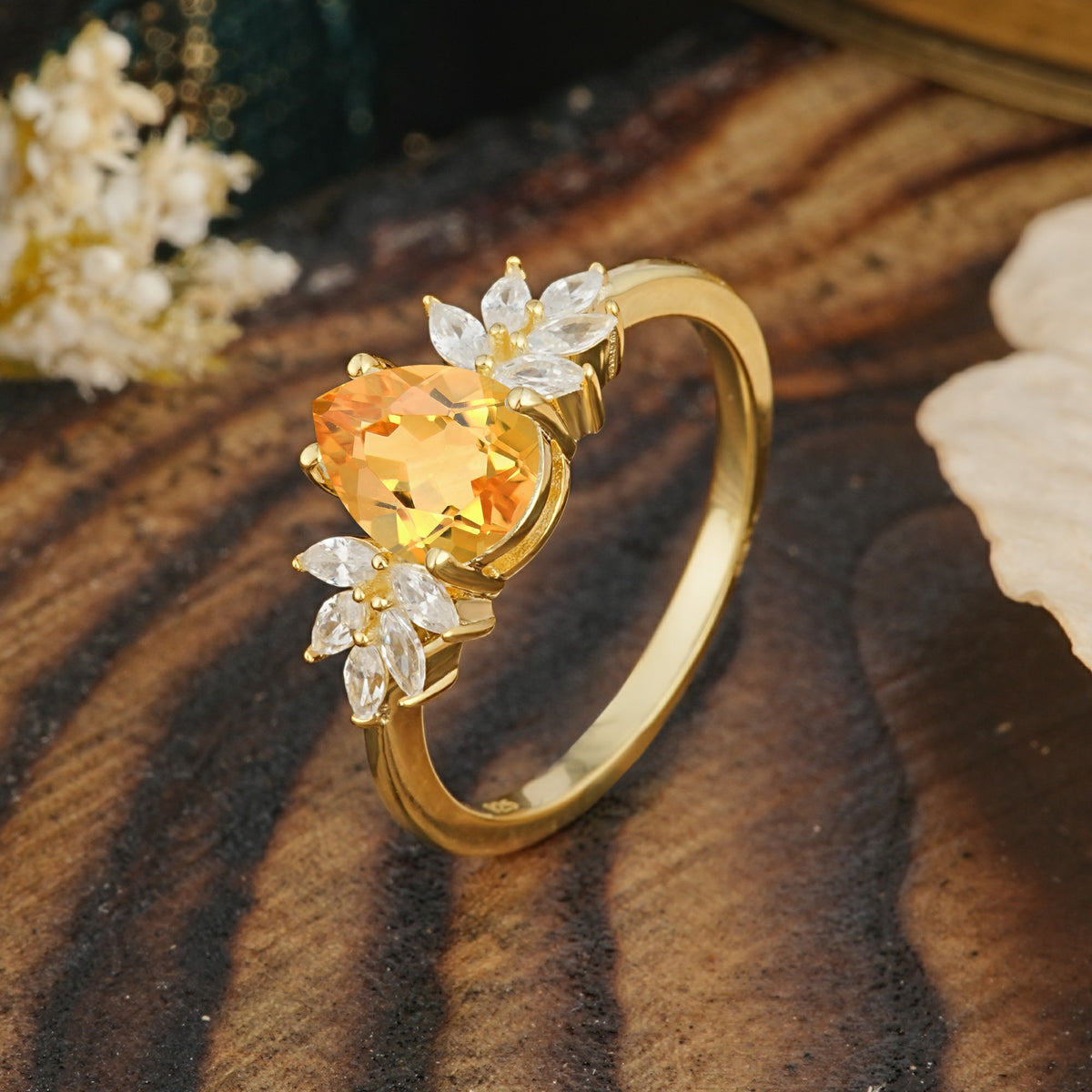 Vintage Floral Pear Cut Citrine Engagement Ring - Romalar Jewelry