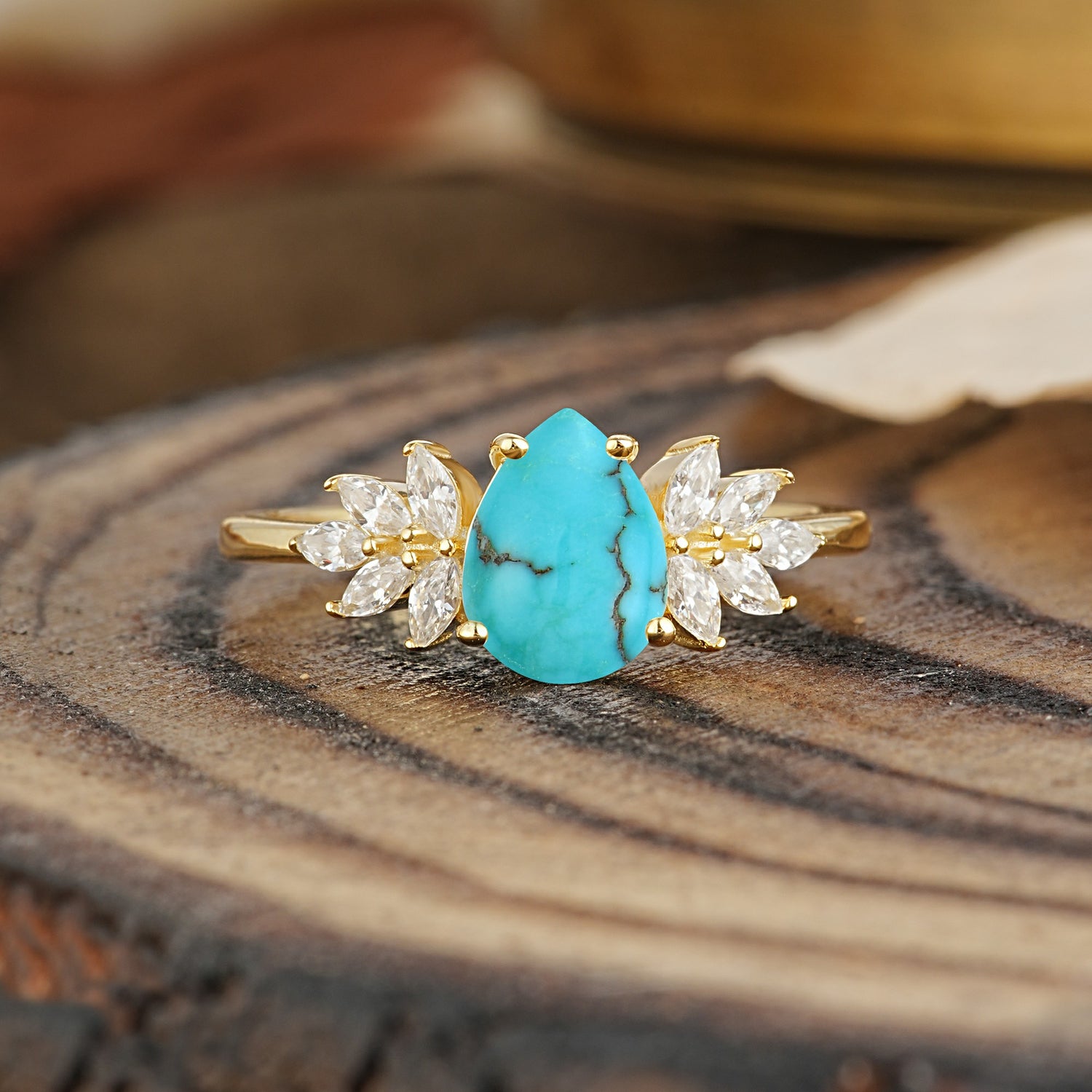 Vintage Floral Pear Cut Turquoise Engagement Ring - Additional view