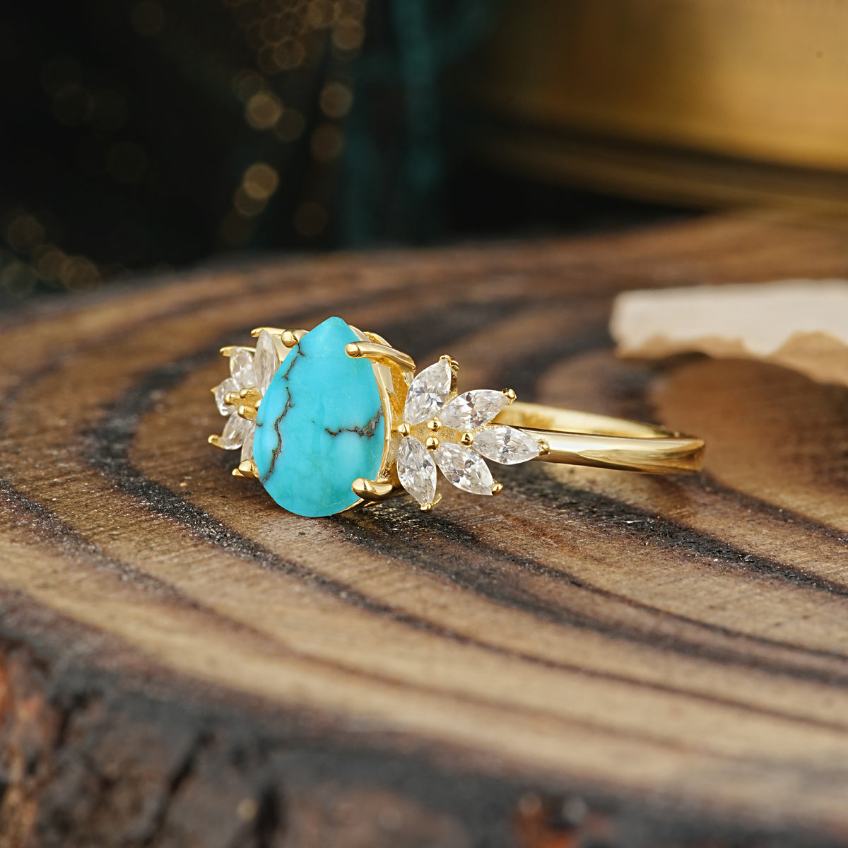 Vintage Floral Pear Cut Turquoise Engagement Ring - Additional view