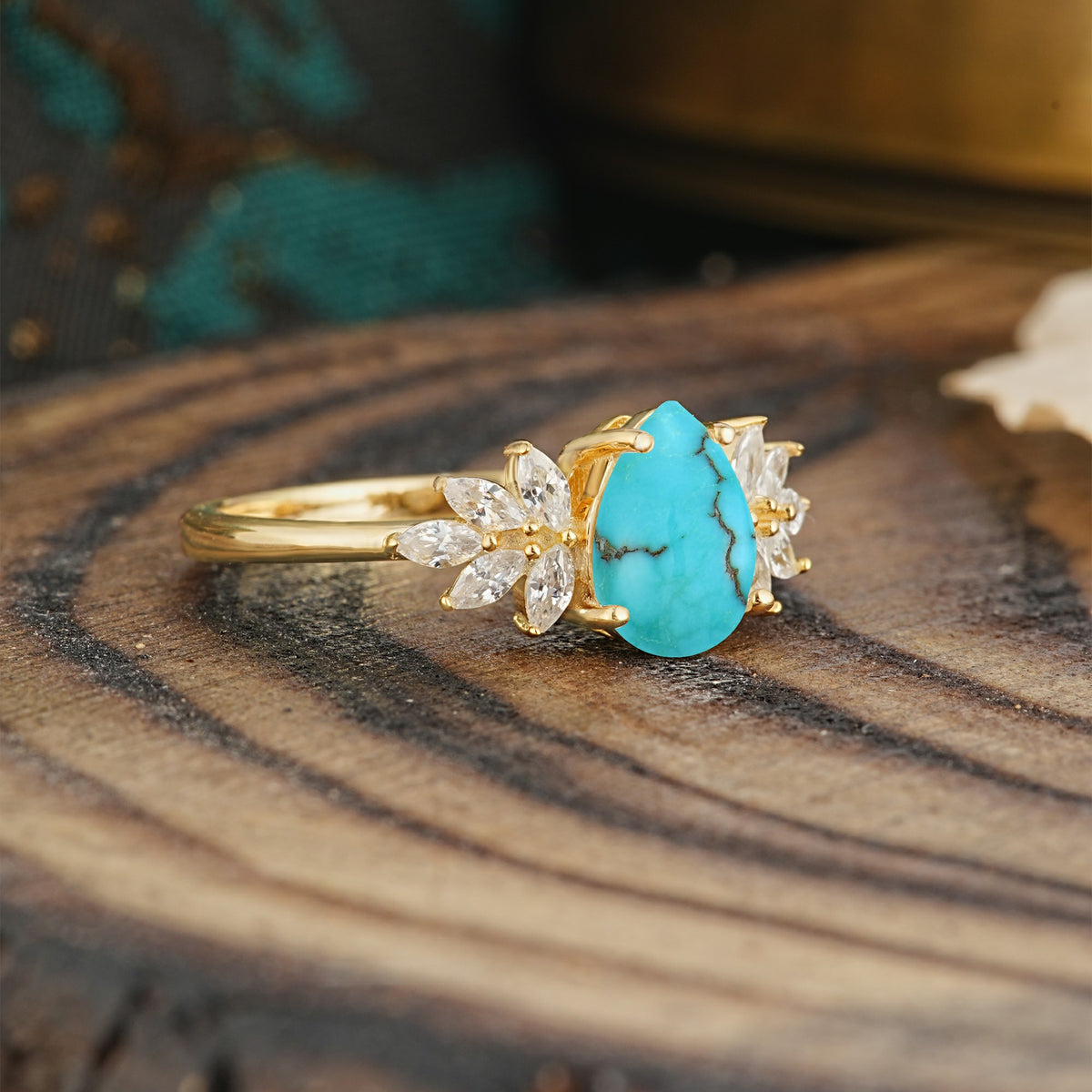 Vintage Floral Pear Cut Turquoise Engagement Ring - Additional view