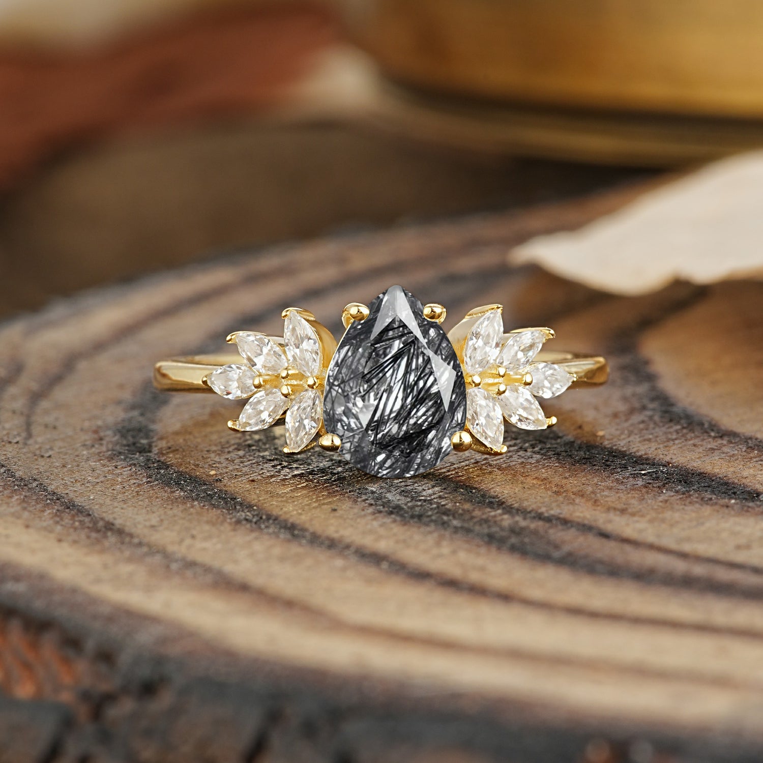 Vintage Floral Pear Cut Black Rutilated Quartz Engagement Ring - Additional view