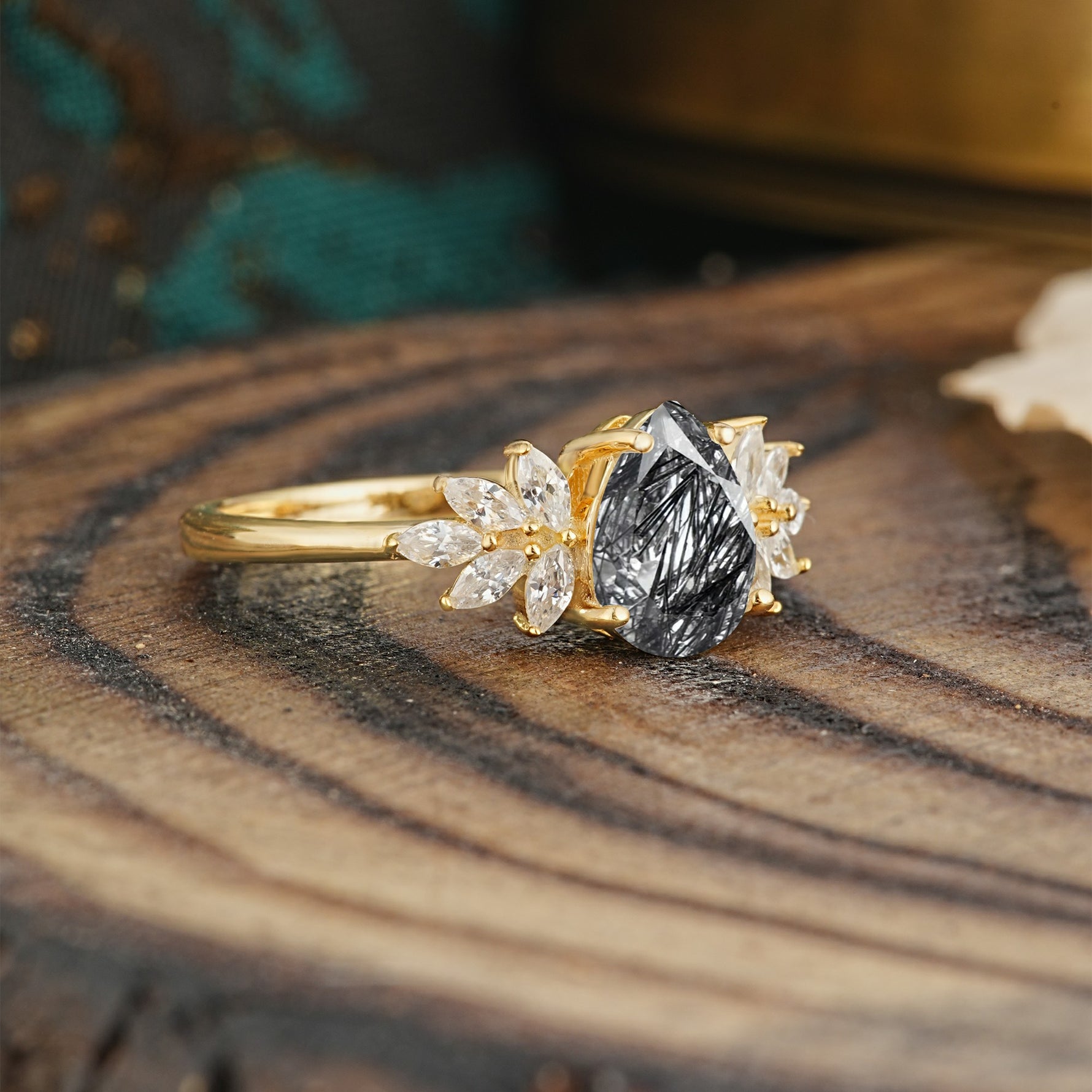 Vintage Floral Pear Cut Black Rutilated Quartz Engagement Ring - Additional view