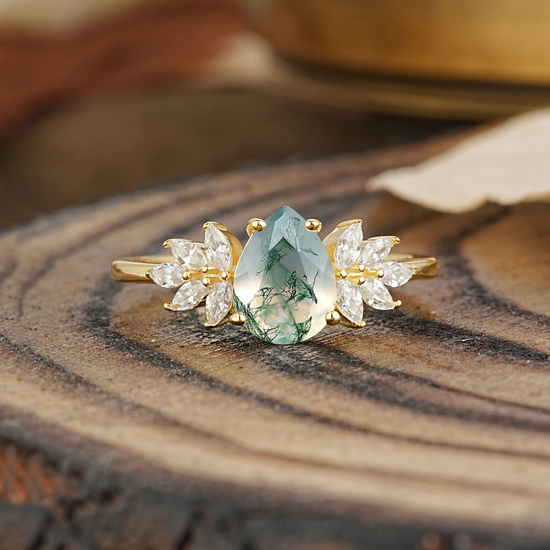Vintage Floral Pear Cut Moss Agate Engagement Ring - Additional view