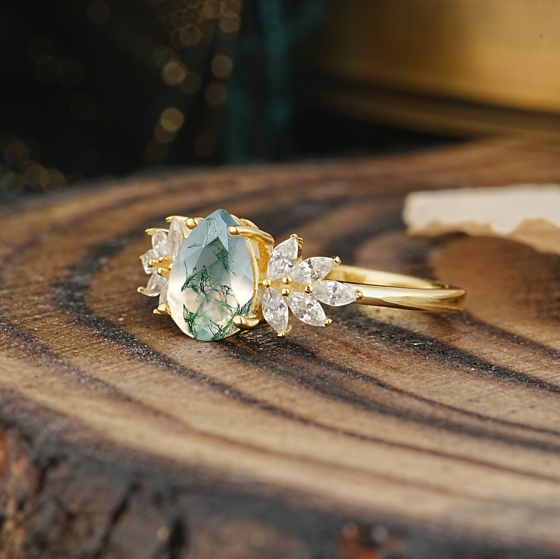 Vintage Floral Pear Cut Moss Agate Engagement Ring - Additional view
