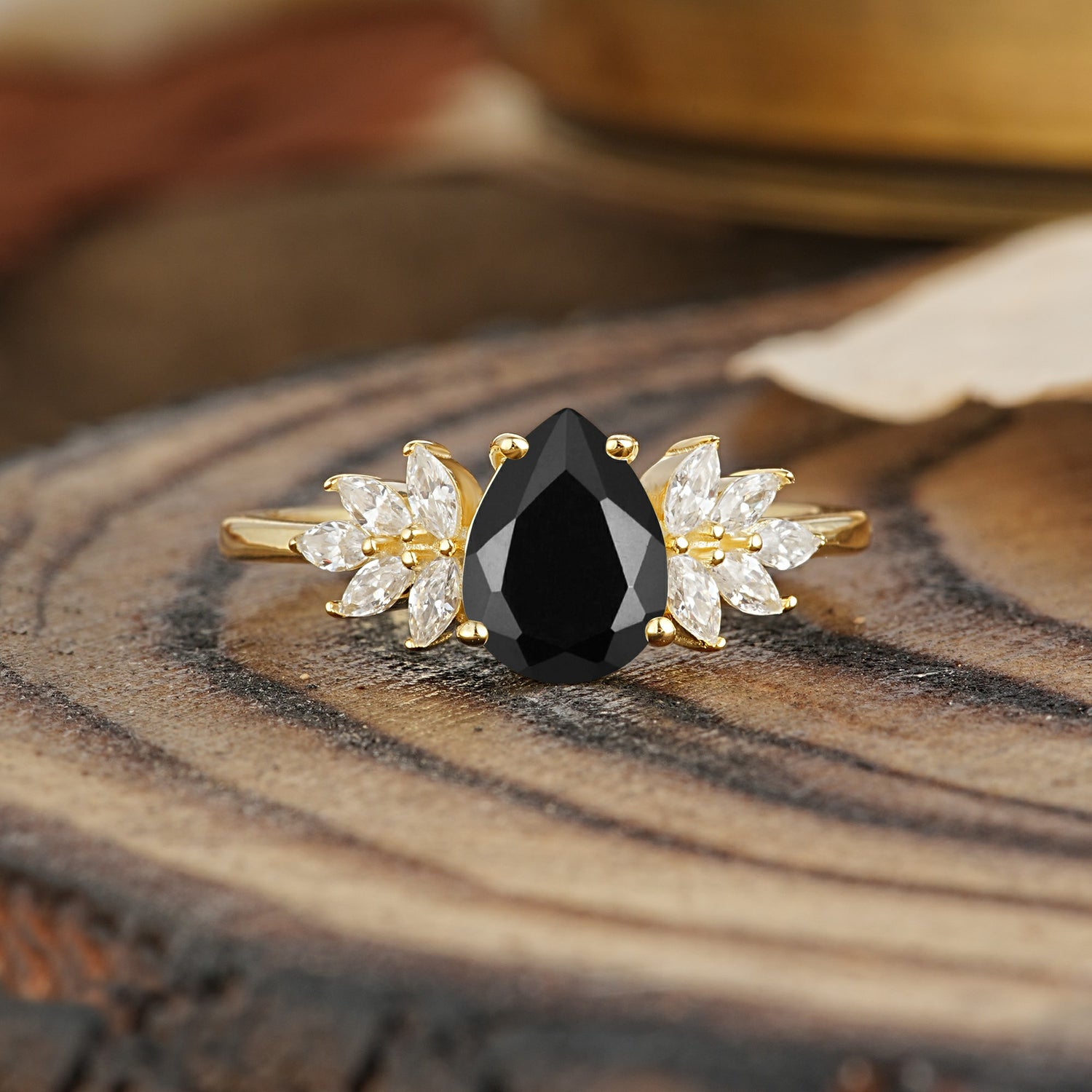 Vintage Floral Pear Cut Black Onyx Engagement Ring - Additional view