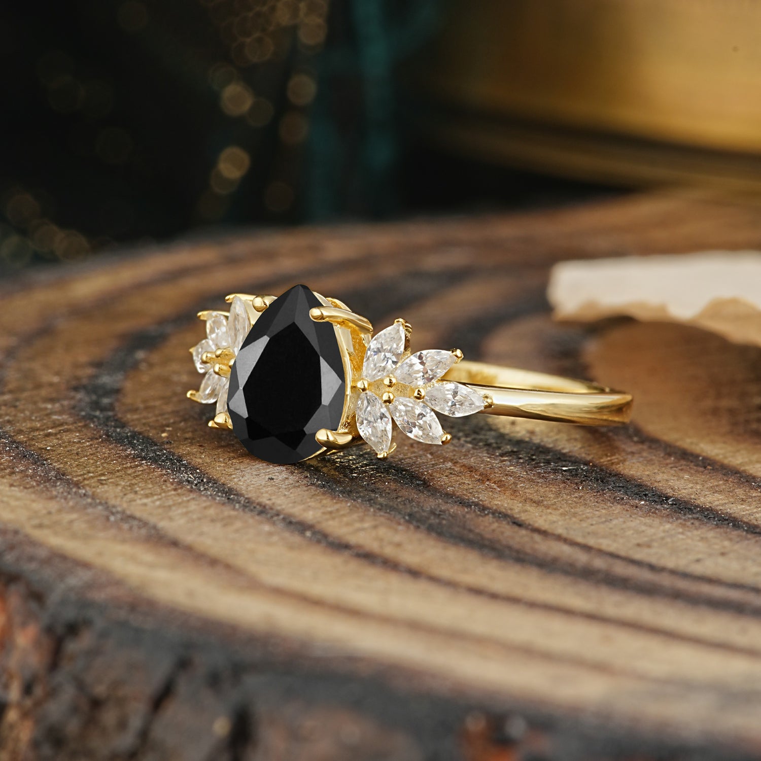 Vintage Floral Pear Cut Black Onyx Engagement Ring - Additional view