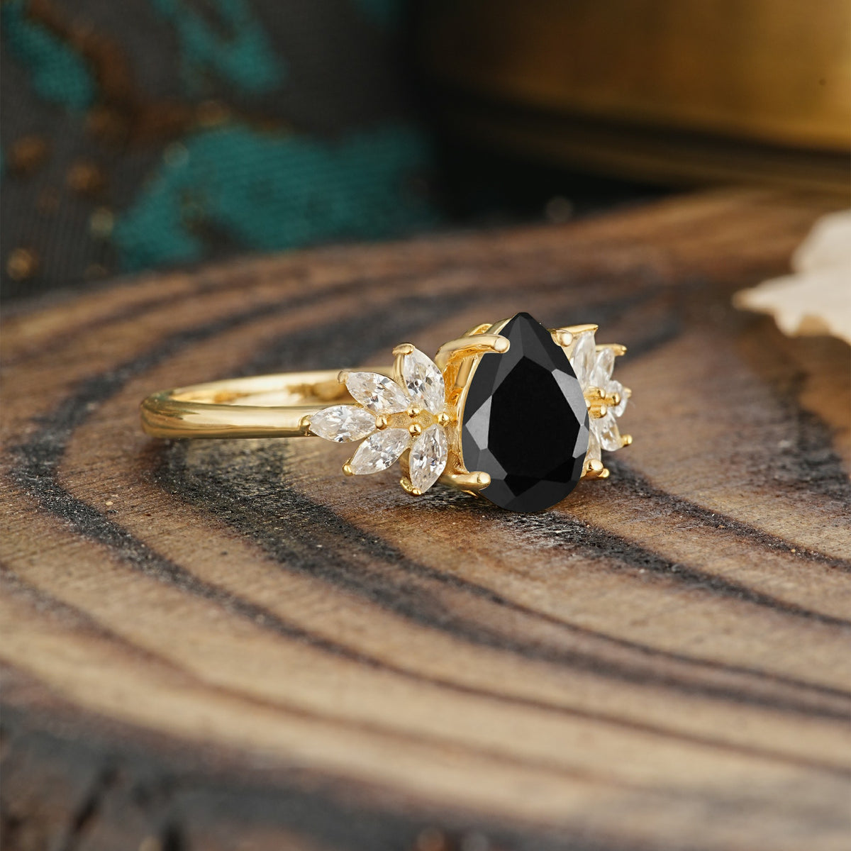 Vintage Floral Pear Cut Black Onyx Engagement Ring - Additional view