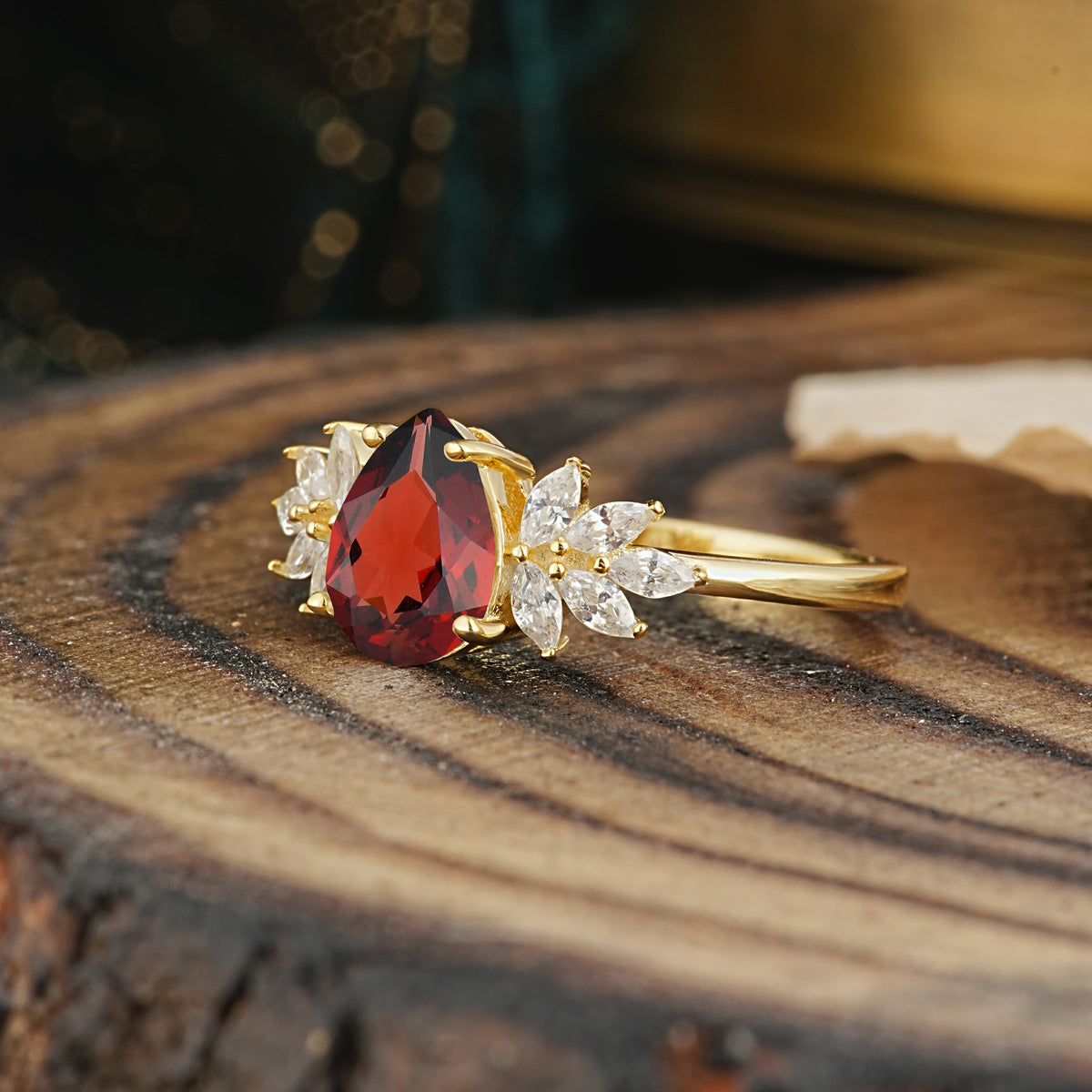 Vintage Floral Pear Cut Garnet Engagement Ring - Additional view