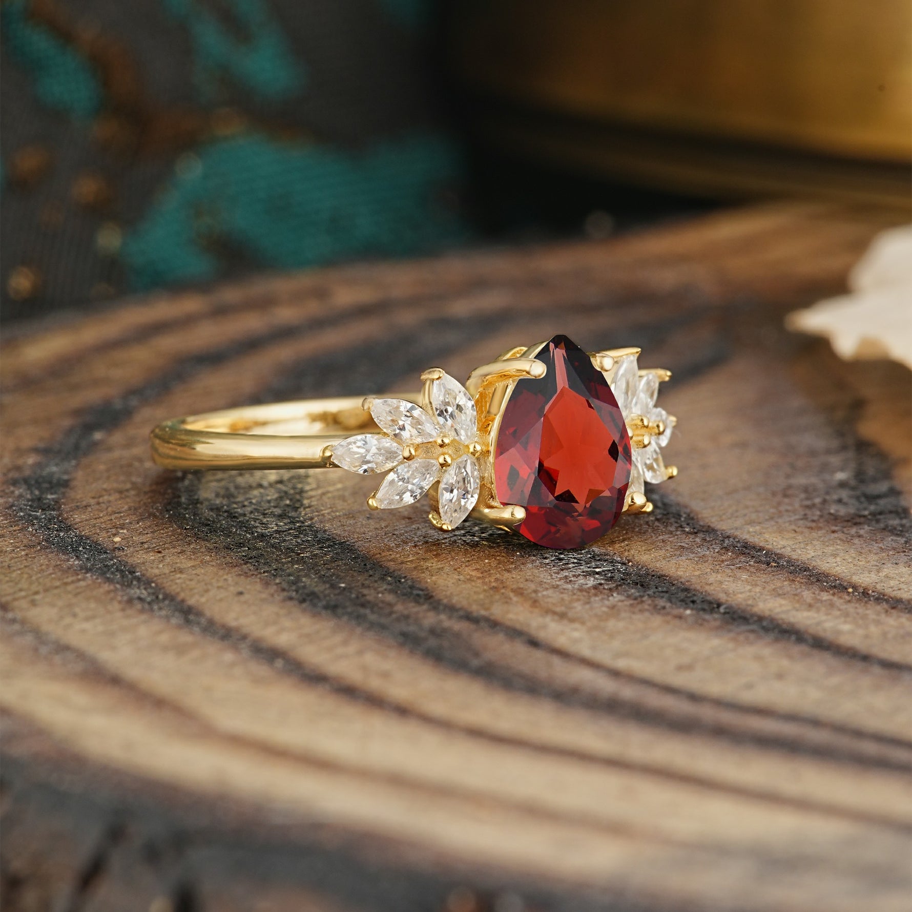 Vintage Floral Pear Cut Garnet Engagement Ring - Additional view
