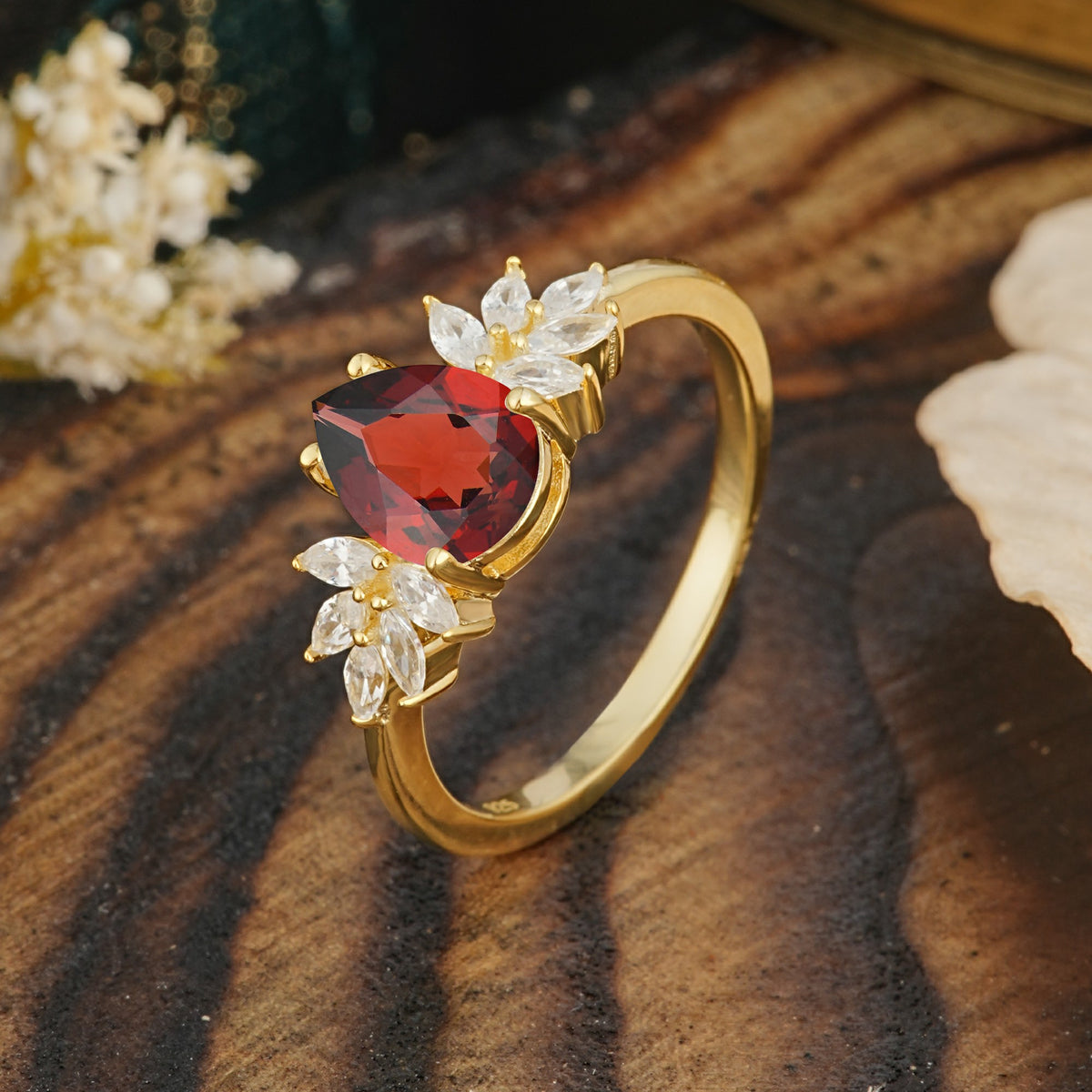 Vintage Floral Pear Cut Garnet Engagement Ring - Additional view