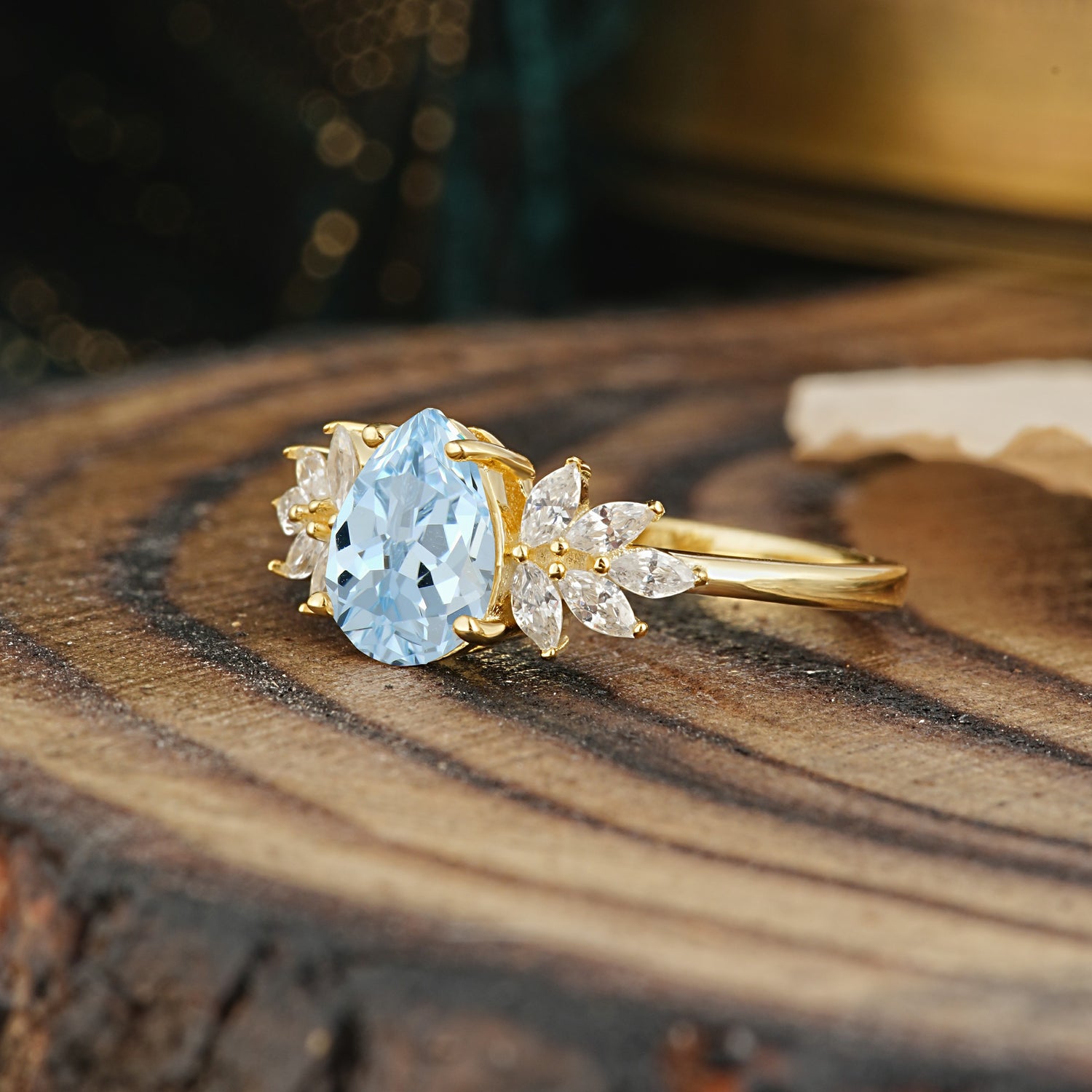 Vintage Floral Pear Cut Aquamarine Engagement Ring - Additional view