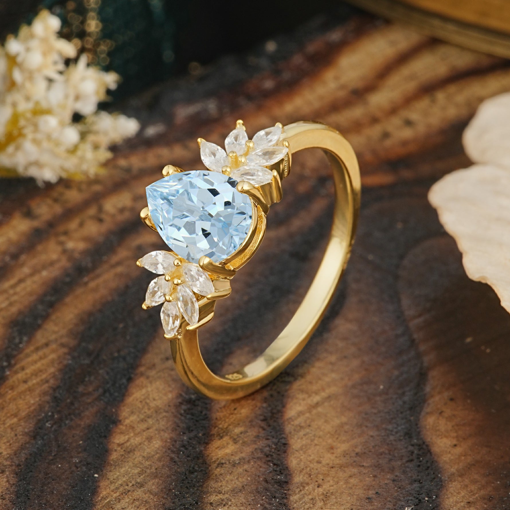 Vintage Floral Pear Cut Aquamarine Engagement Ring - Additional view