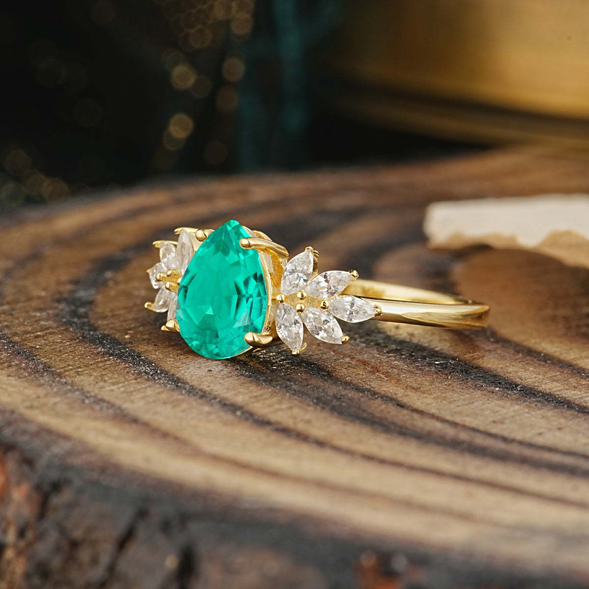 Vintage Floral Pear Cut Emerald Engagement Ring - Additional view