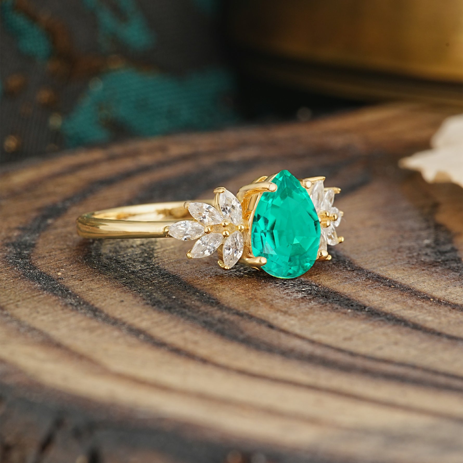 Vintage Floral Pear Cut Emerald Engagement Ring - Additional view