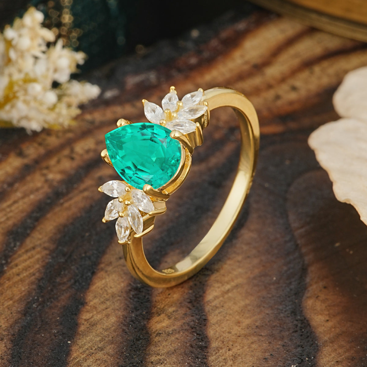 Vintage Floral Pear Cut Emerald Engagement Ring - Additional view