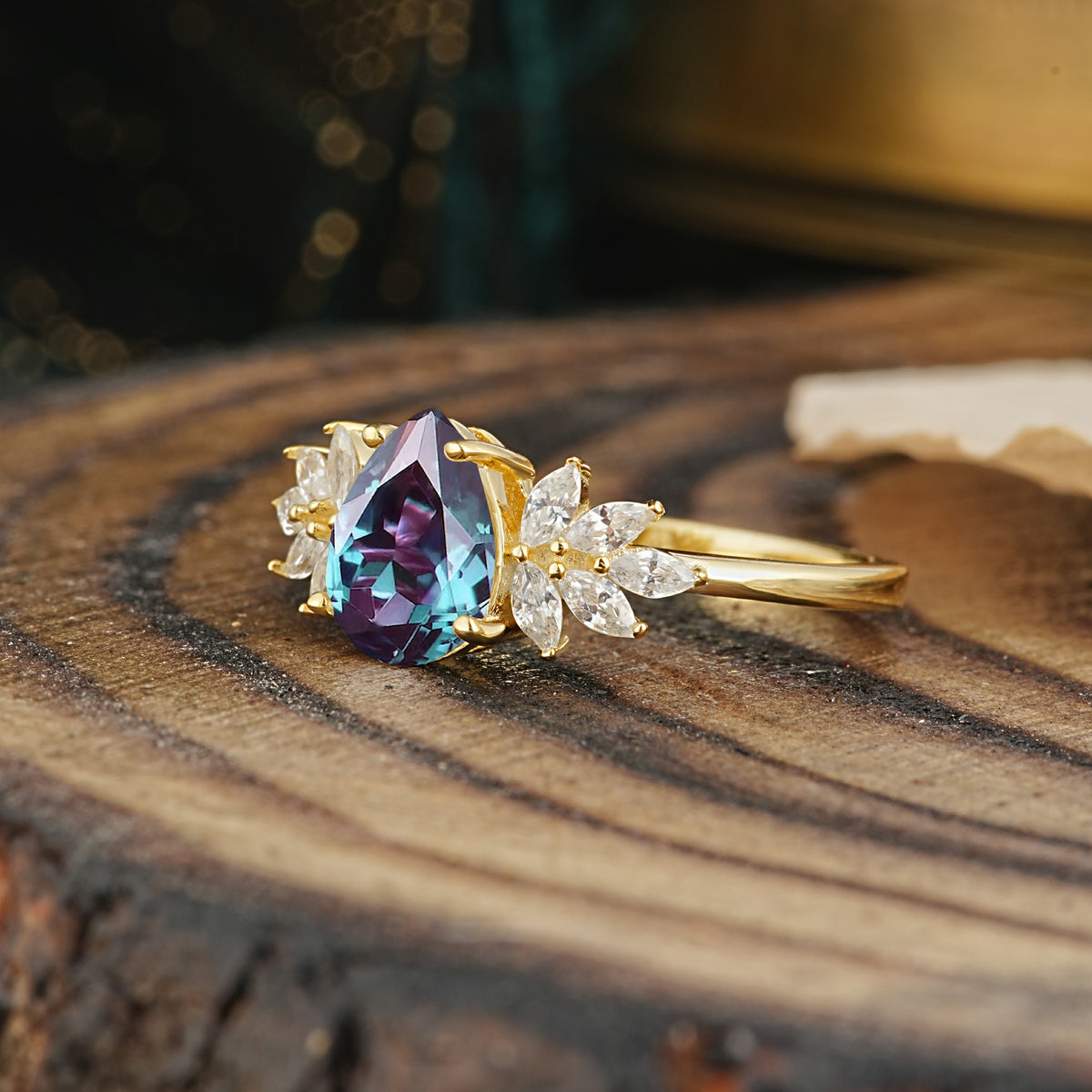 Vintage Floral Pear Cut Alexandrite Engagement Ring - Additional view