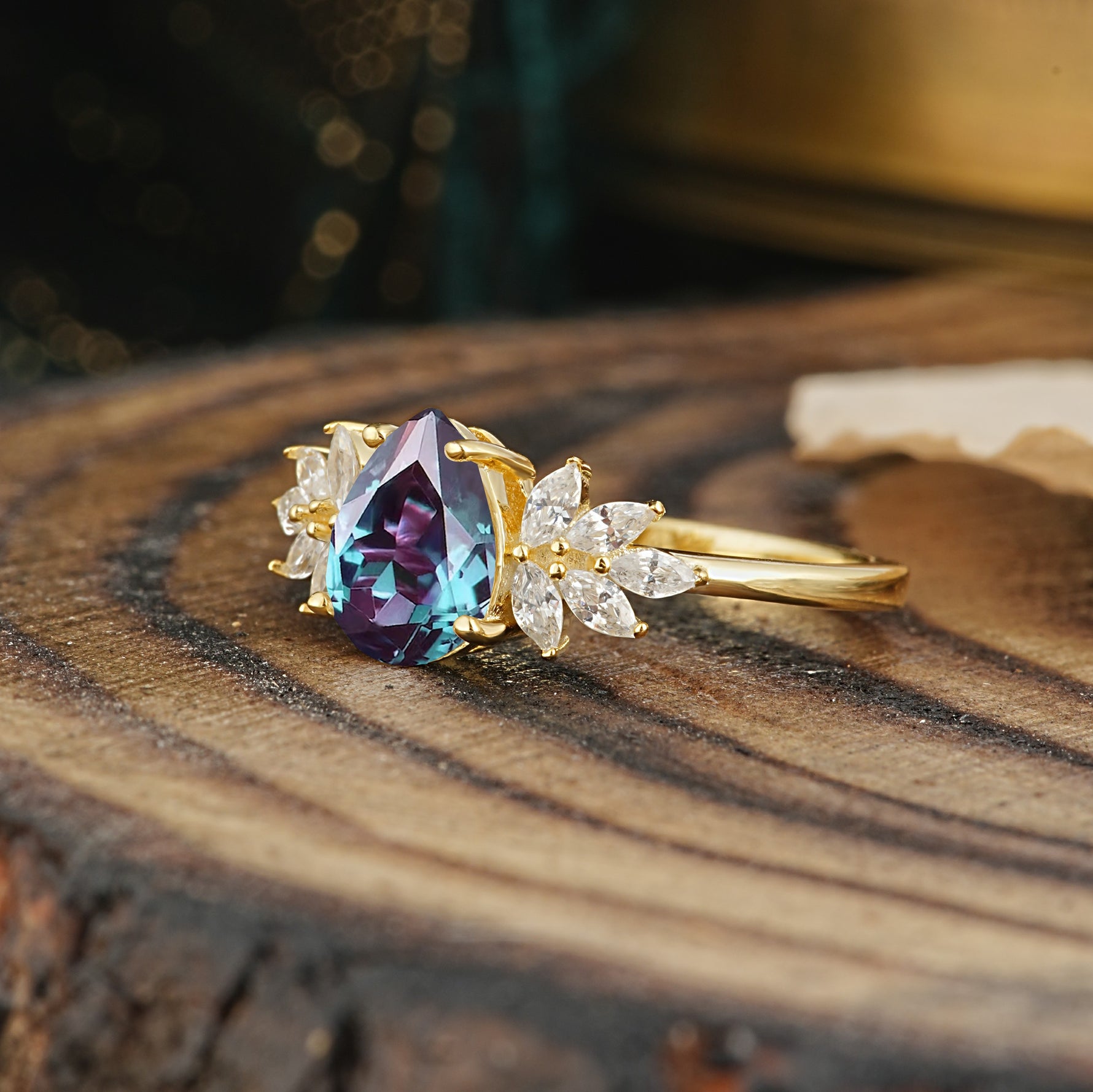Vintage Floral Pear Cut Alexandrite Engagement Ring - Additional view