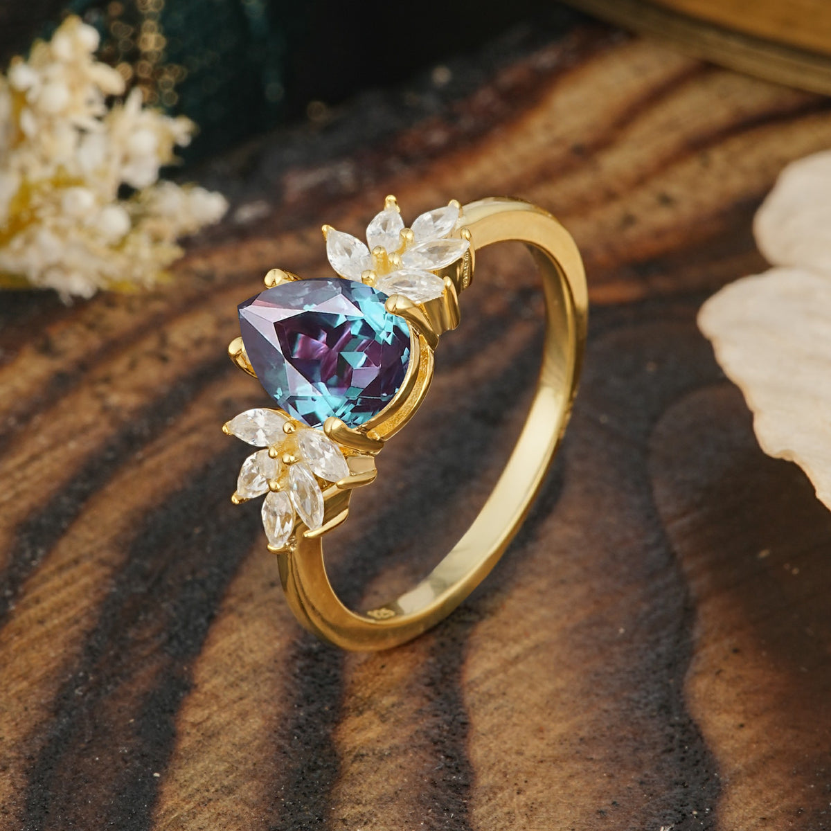 Vintage Floral Pear Cut Alexandrite Engagement Ring - Additional view