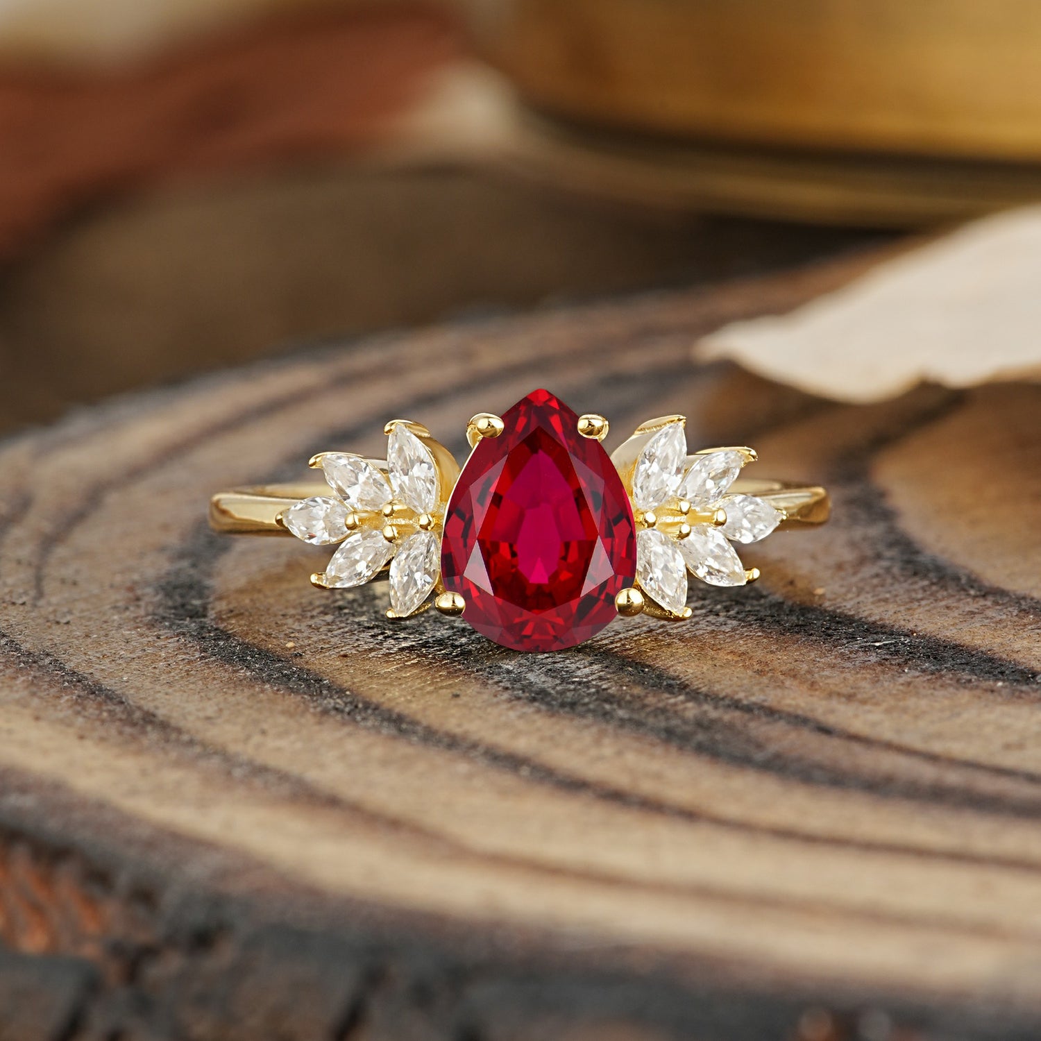 Vintage Floral Pear Cut Ruby Engagement Ring - Additional view