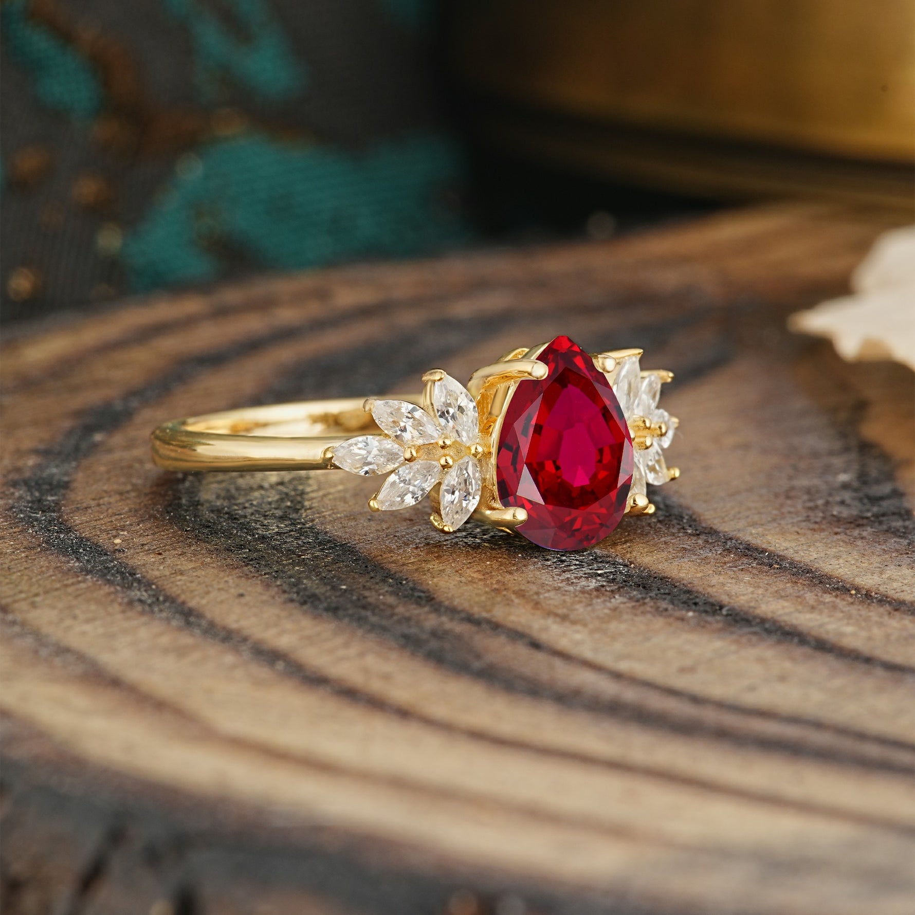 Vintage Floral Pear Cut Ruby Engagement Ring - Additional view