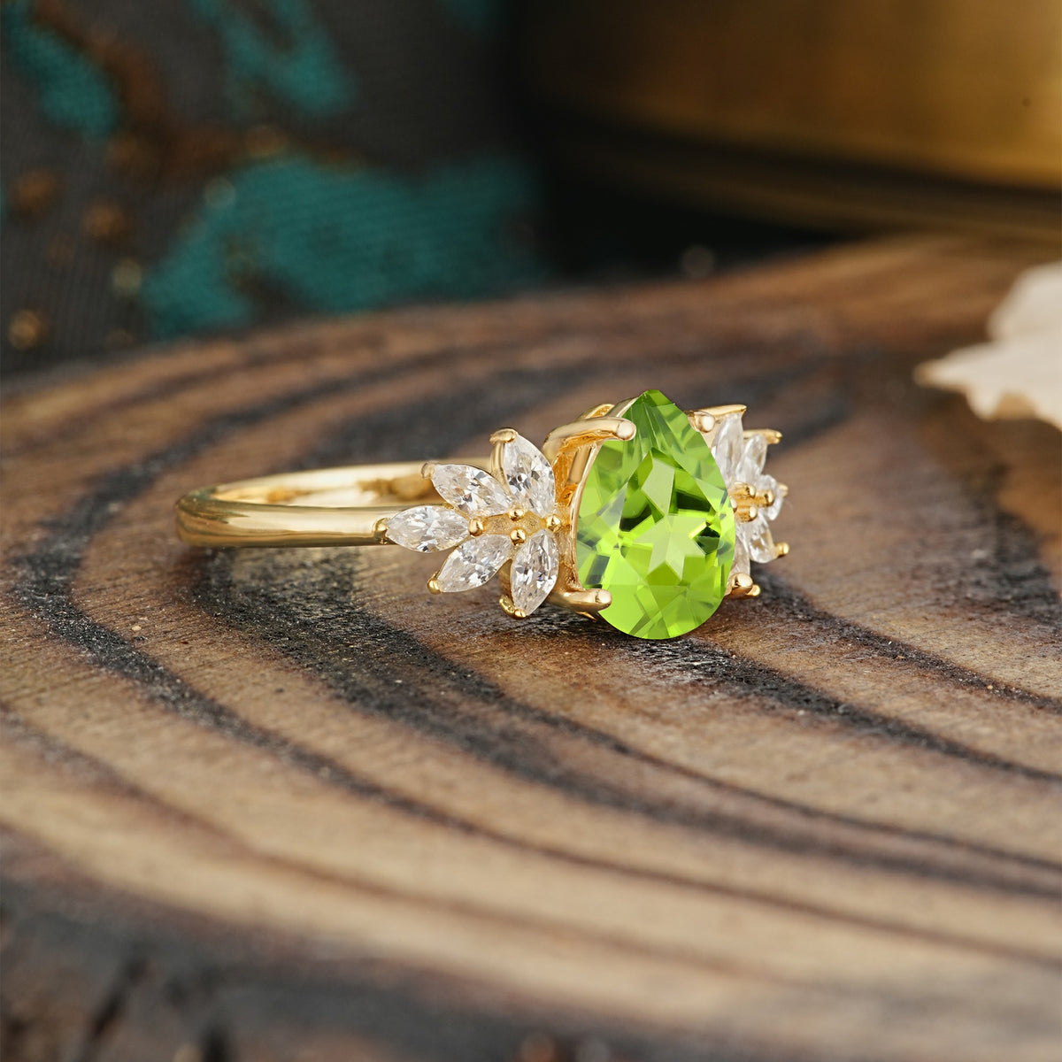 Vintage Floral Pear Cut Peridot Engagement Ring - Additional view