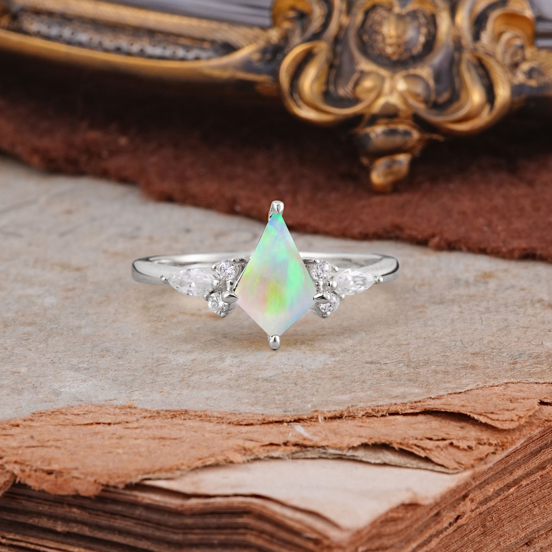 Classic 4 Prong Kite Cut Fire Opal Engagement Ring - Additional view