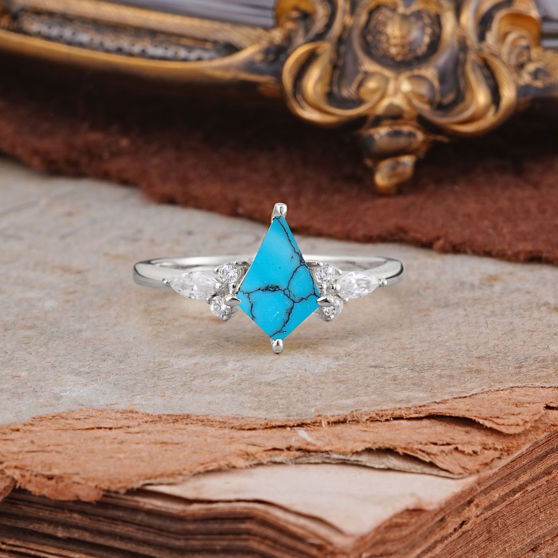 Classic 4 Prong Kite Cut Turquoise Engagement Ring - Additional view