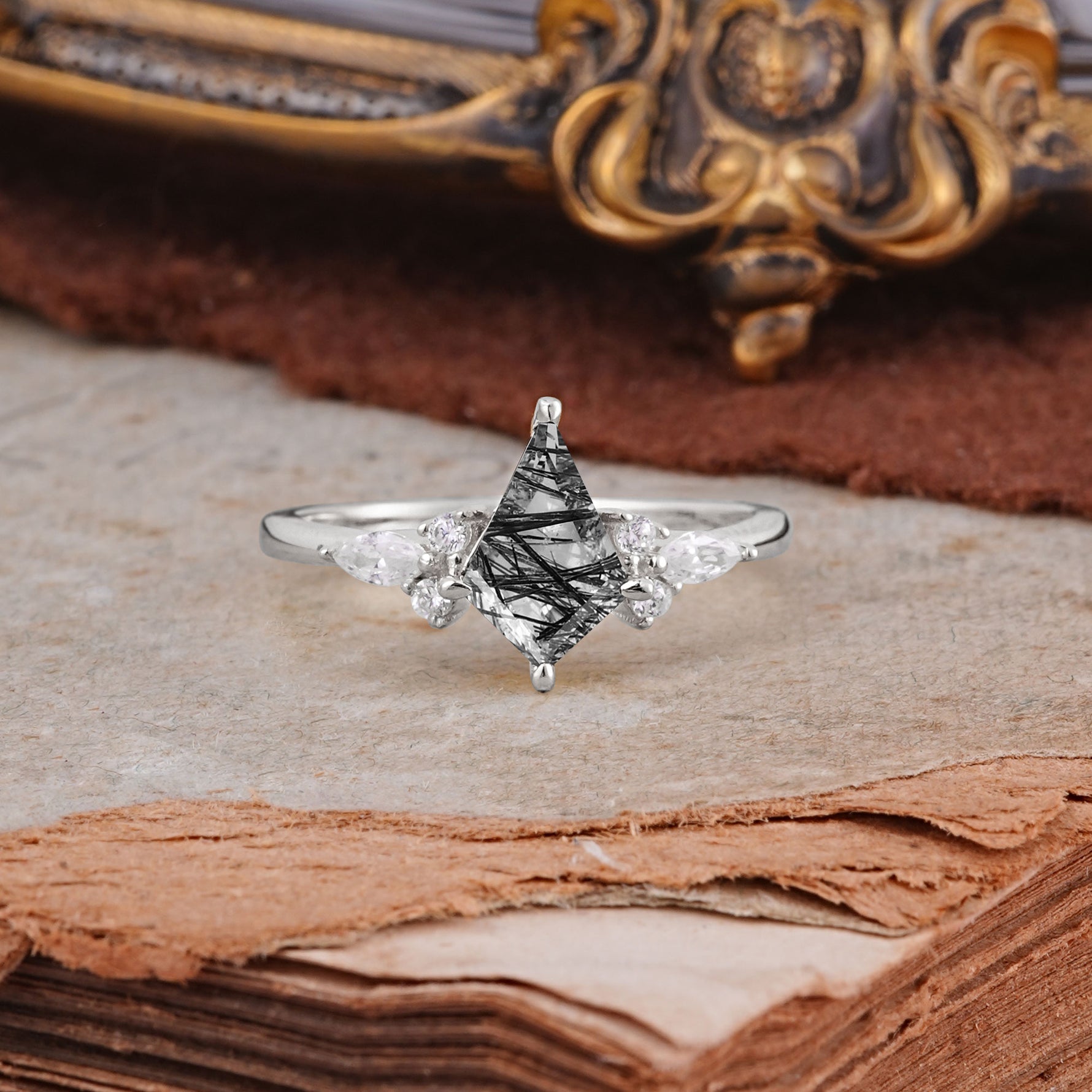 Classic 4 Prong Kite Cut Black Rutilated Quartz Engagement Ring - Additional view