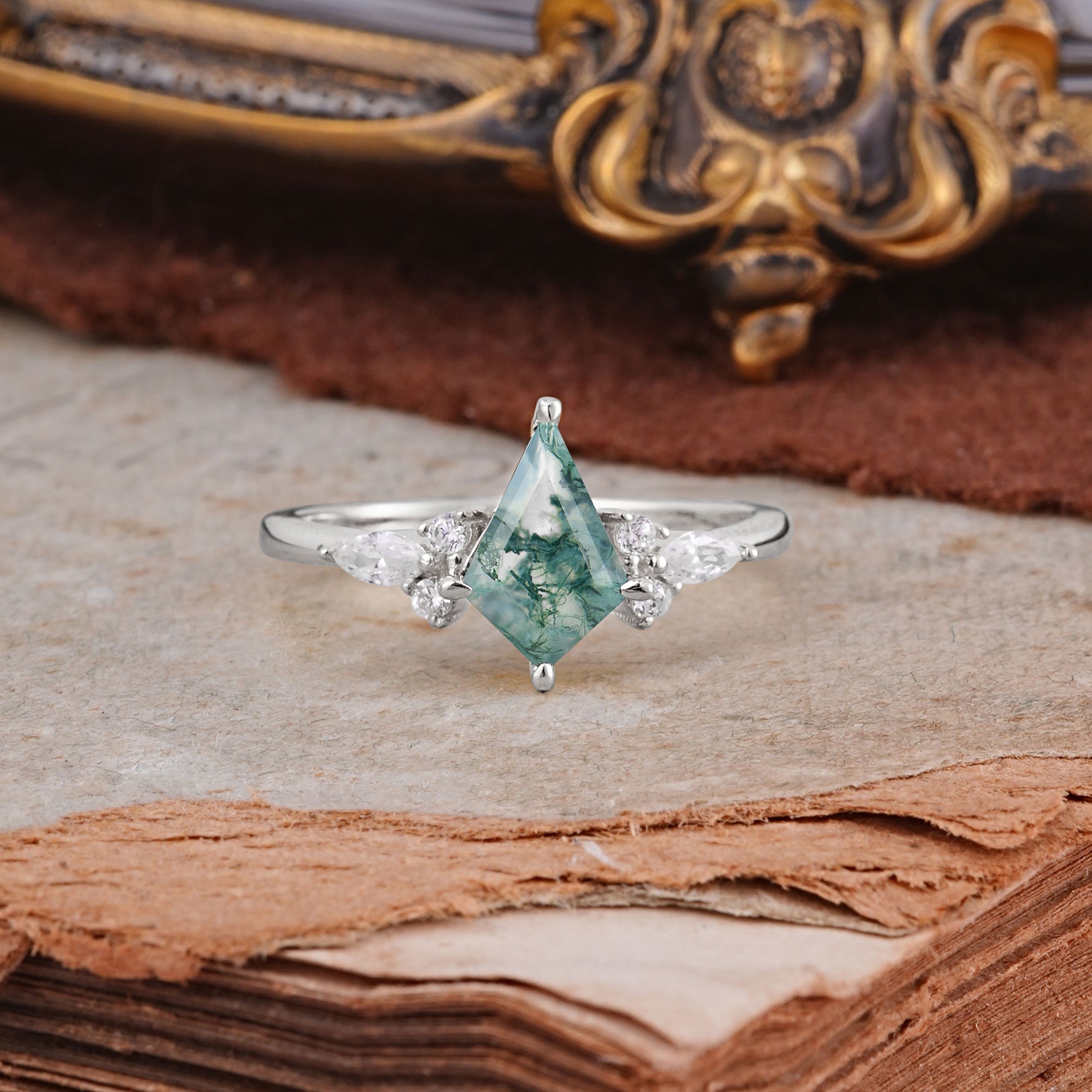 Classic 4 Prong Kite Cut Moss Agate Engagement Ring - Additional view