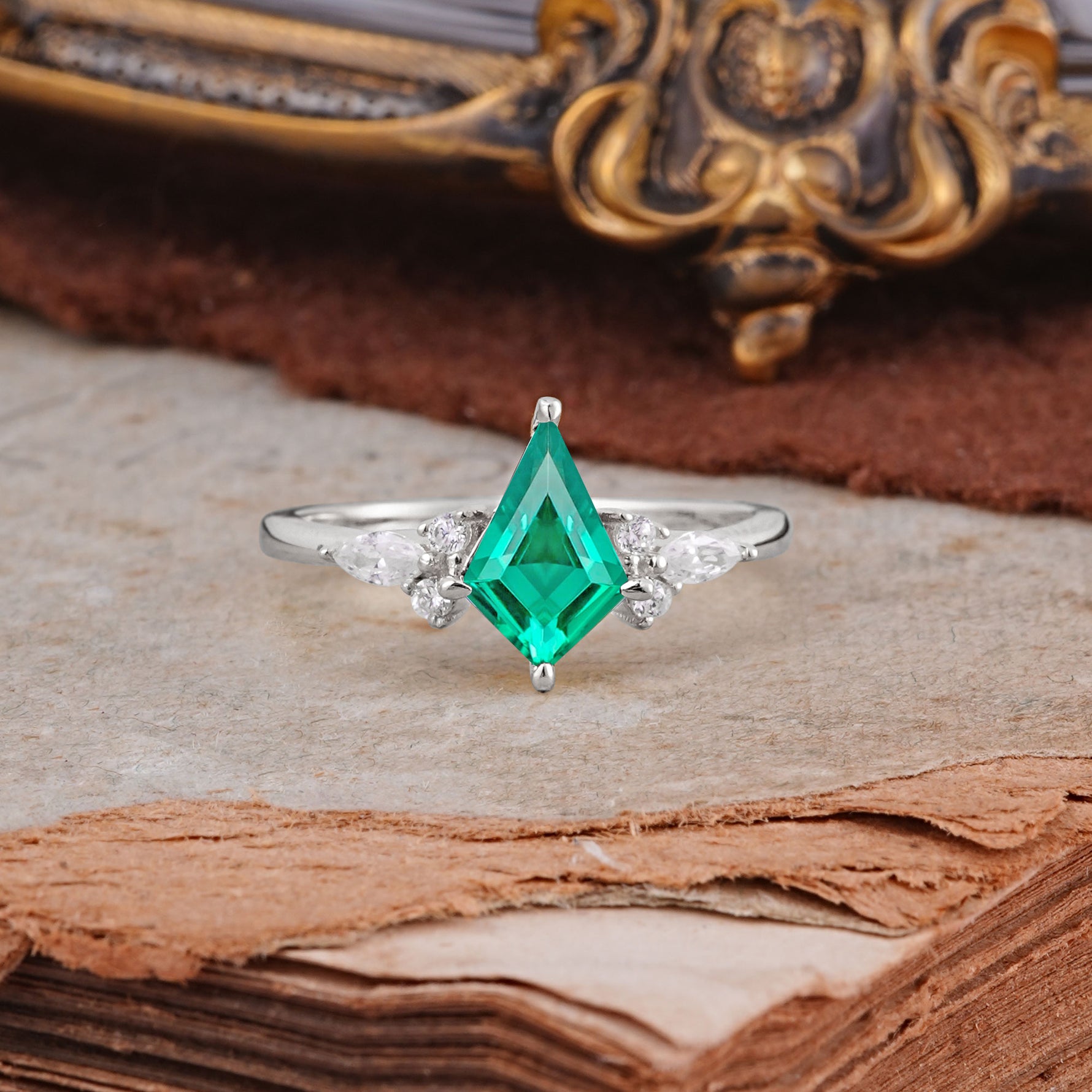 Classic 4 Prong Kite Cut Emerald Engagement Ring - Additional view